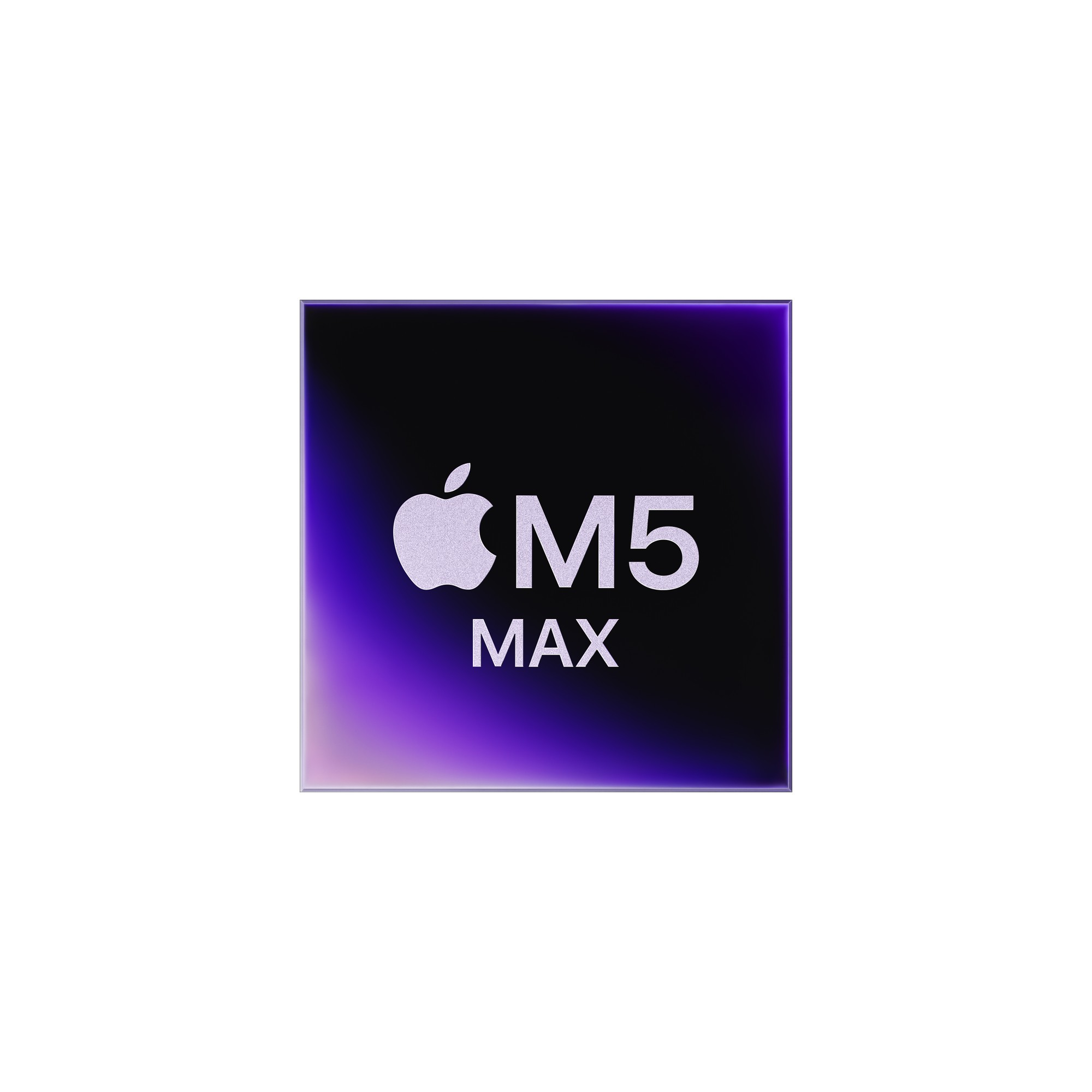 Fioletowo-czarny kwadrat z logo Apple i napisem M5 MAX.