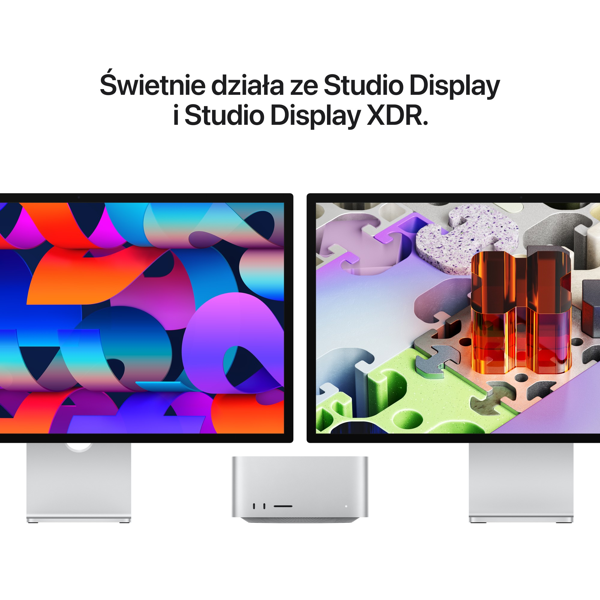 Dwa monitory Apple Studio podłączone do Maca Studio, z kolorowymi abstrakcyjnymi tapetami.