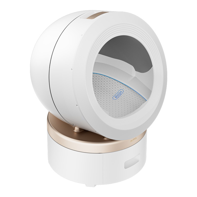 Modern, fehér és arany színű automata macskaalom kör alakú bejárattal.