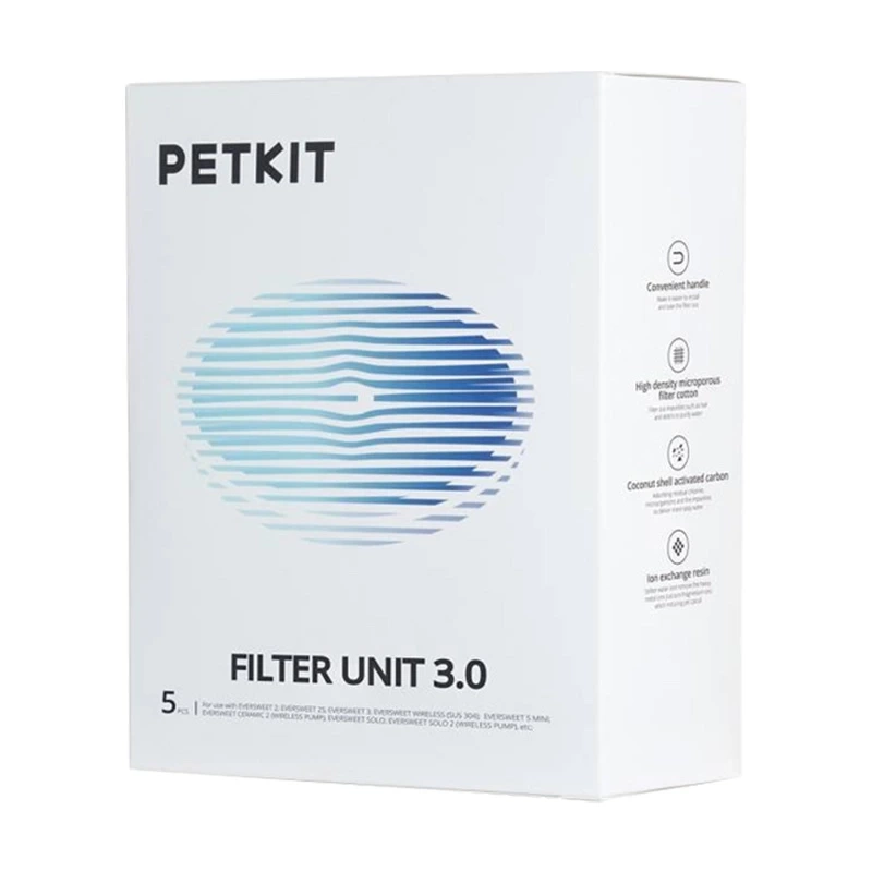 Fehér Petkit Filter Unit 3.0 csomagolás kék szűrő grafikával és részletekkel.