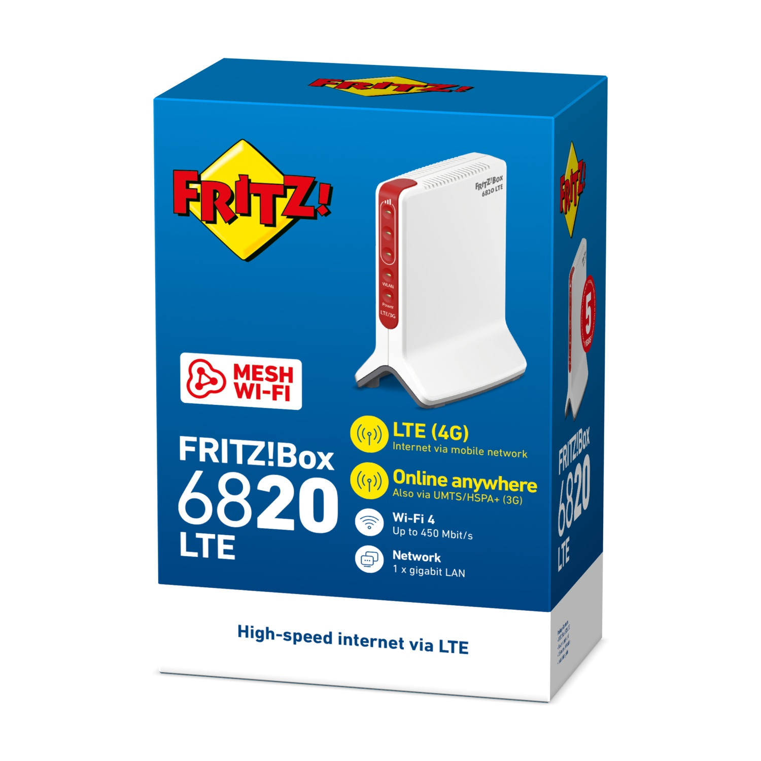 Scatola blu del router FRITZ!Box 6820 LTE con dettagli tecnici e un'immagine del dispositivo.