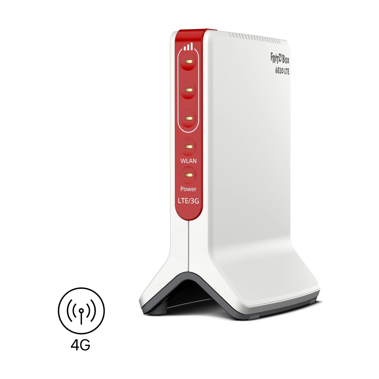 Un router bianco FritzBox 6820 LTE con striscia frontale rossa e icona 4G.
