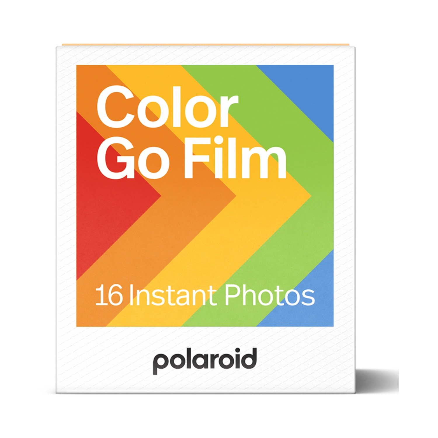 Una scatola bianca di pellicola Polaroid Color Go con design arcobaleno.