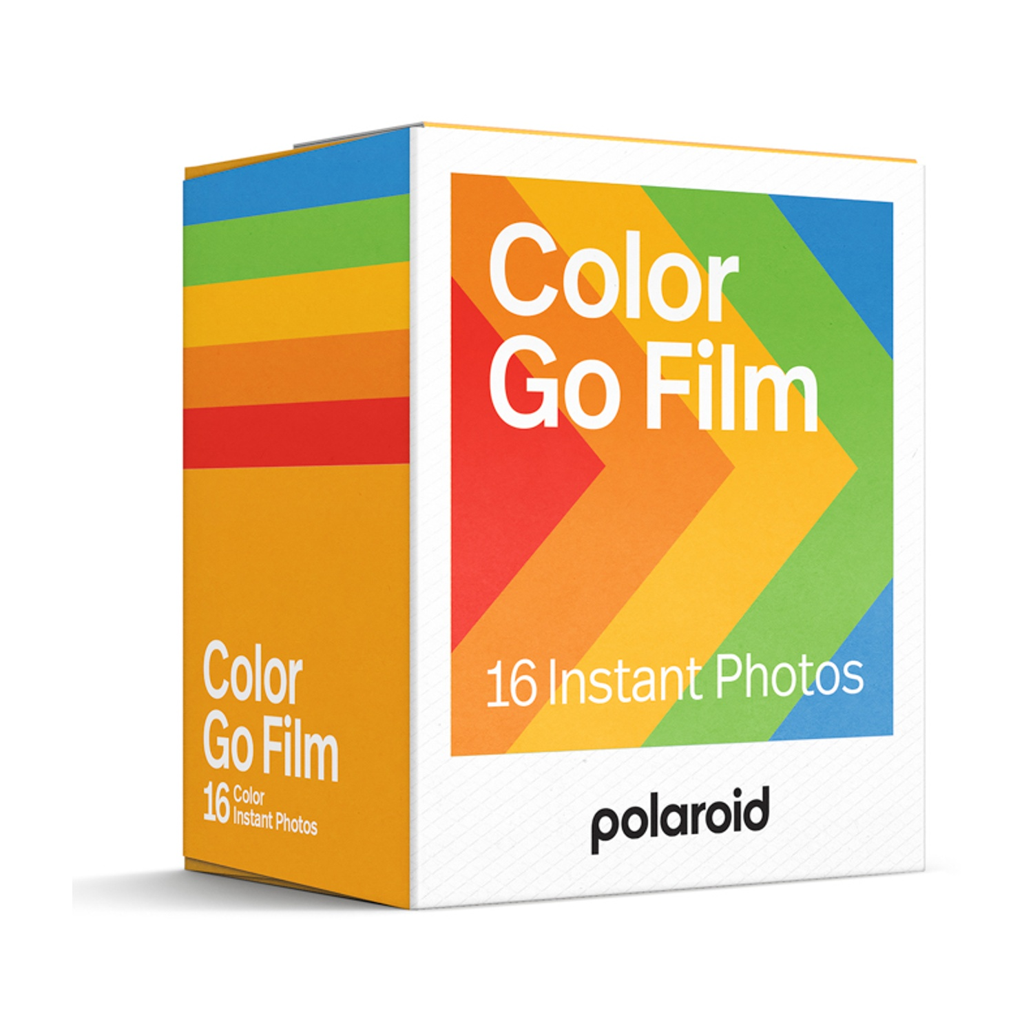 Una scatola di pellicola Polaroid Color Go con strisce colorate e la scritta 16 Instant Photos.