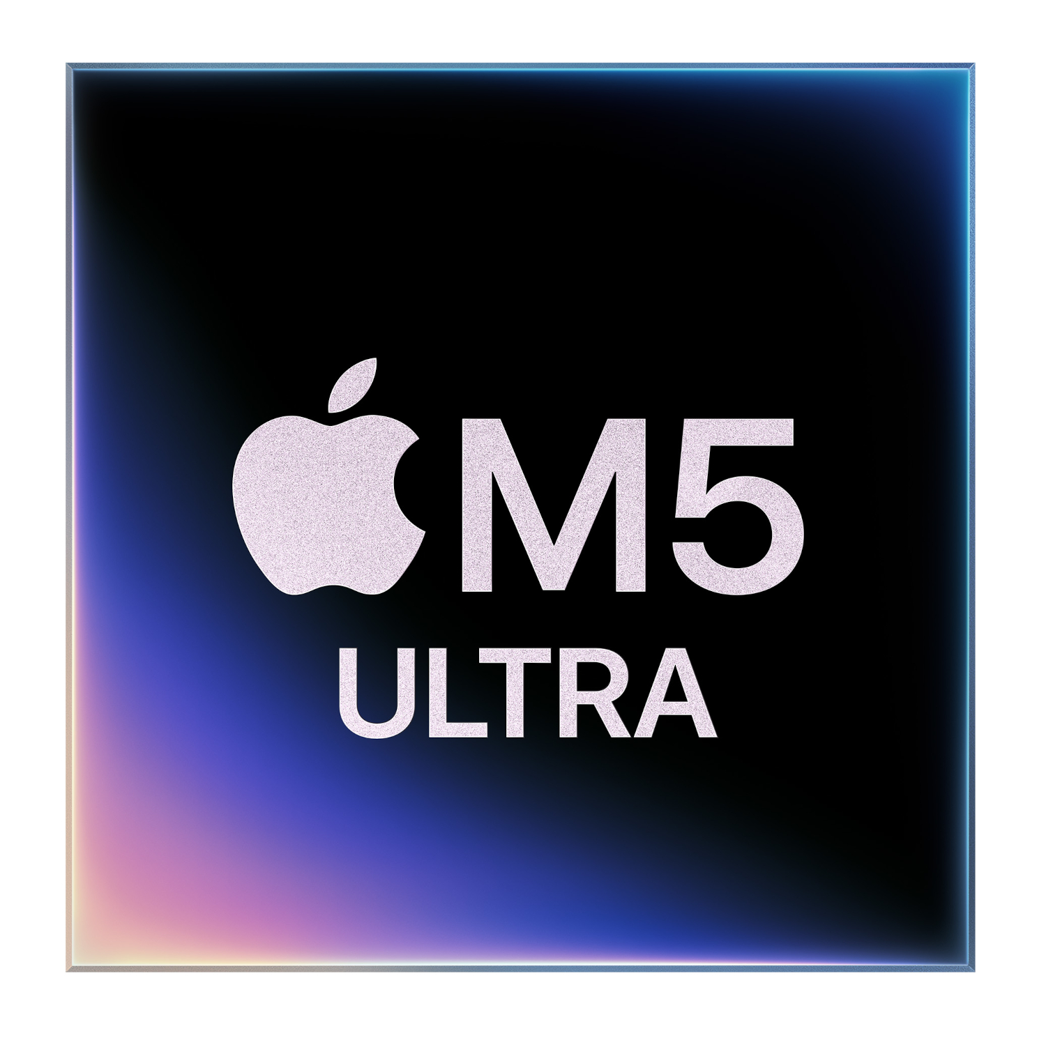 De afbeelding toont het Apple M5 Ultra-logo op een zwarte achtergrond met blauwe en roze lichteffecten.
