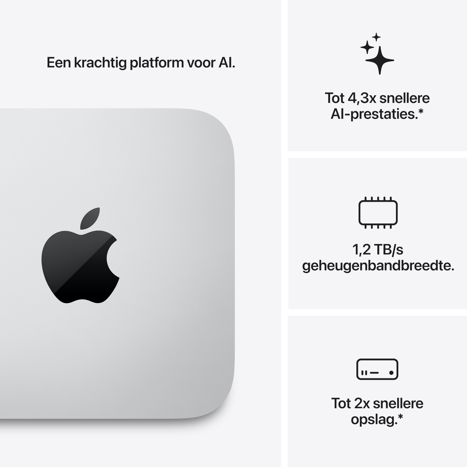 Apple Mac Mini advertentie met kenmerken zoals snellere AI-prestaties en geheugenbandbreedte.