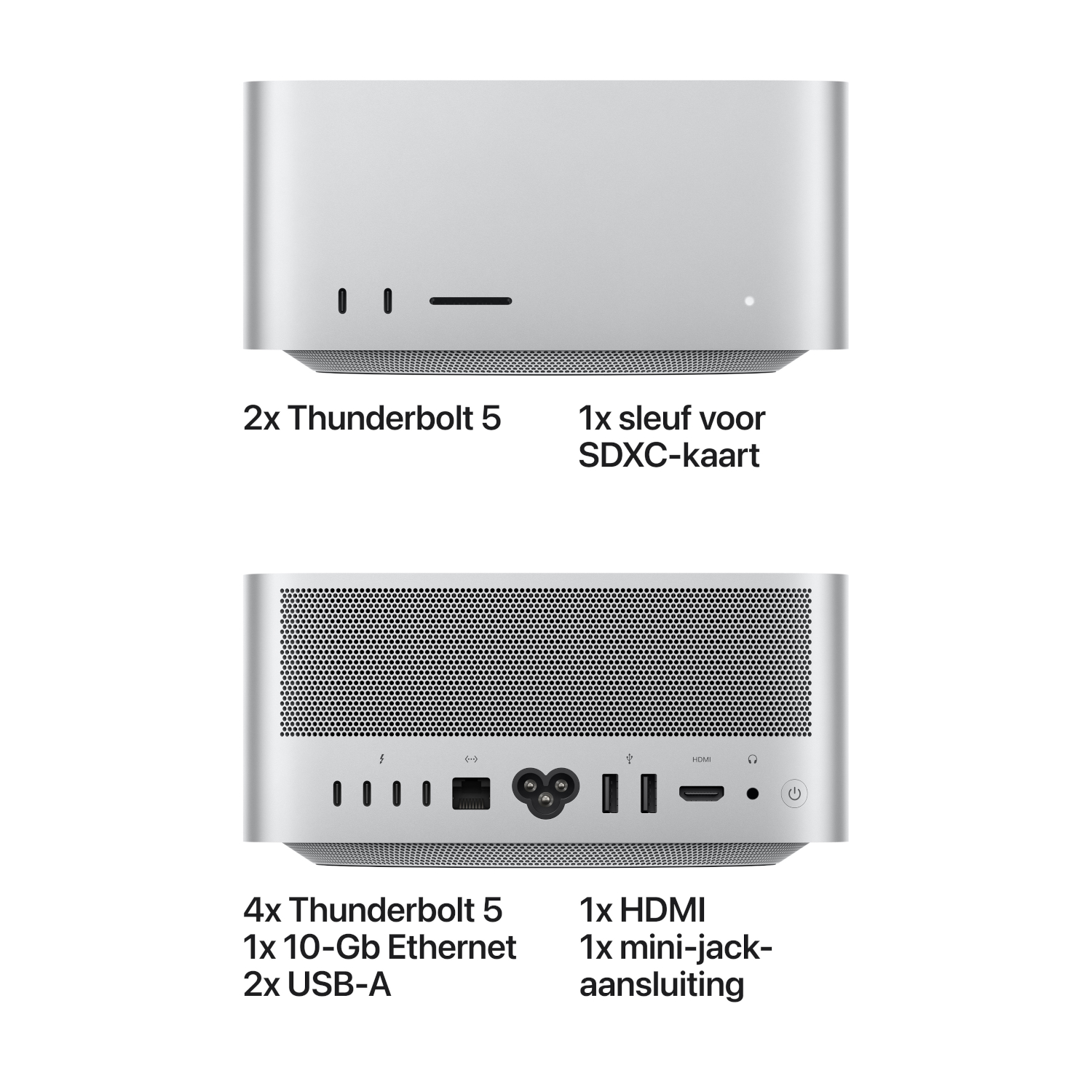 Voor- en achteraanzicht van een zilveren computerbehuizing met diverse poorten.