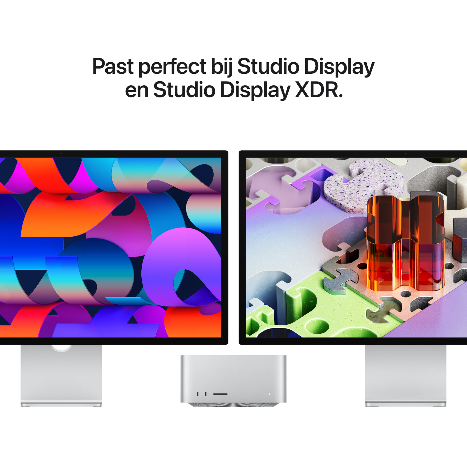Twee Apple schermen met kleurrijke achtergronden en een Mac Studio staan op een witte achtergrond.