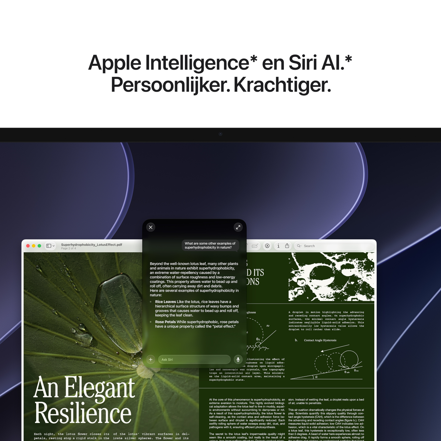 Presentatie van Apple Intelligence en Siri AI met een document over superhydrofobiciteit op de achtergrond.