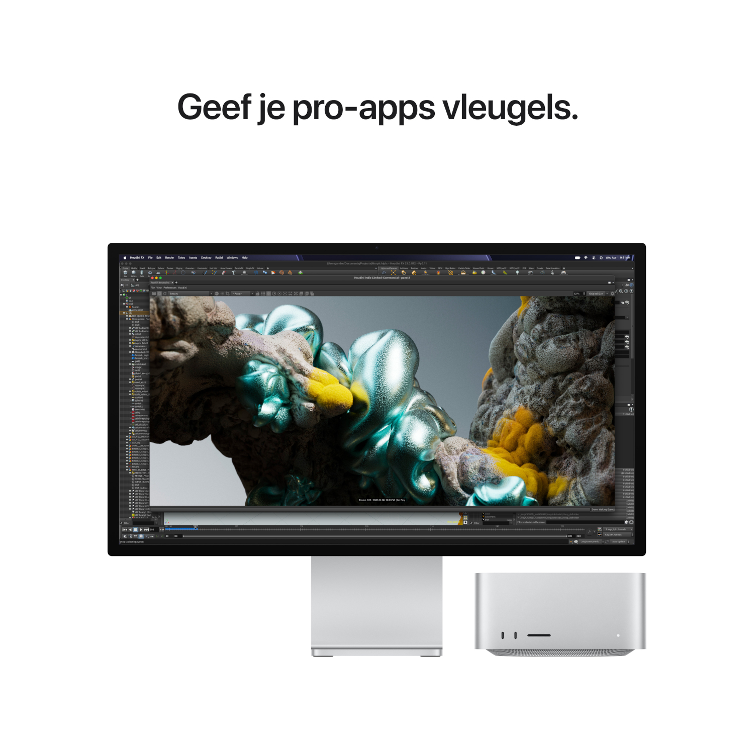 Een Mac Studio-computer met een beeldscherm waarop 3D-software en abstracte metalen objecten staan.
