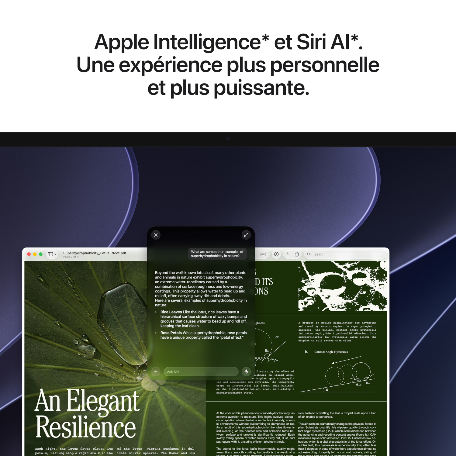 Affichage d'Apple Intelligence et de Siri AI sur un écran montrant des documents et des graphiques.