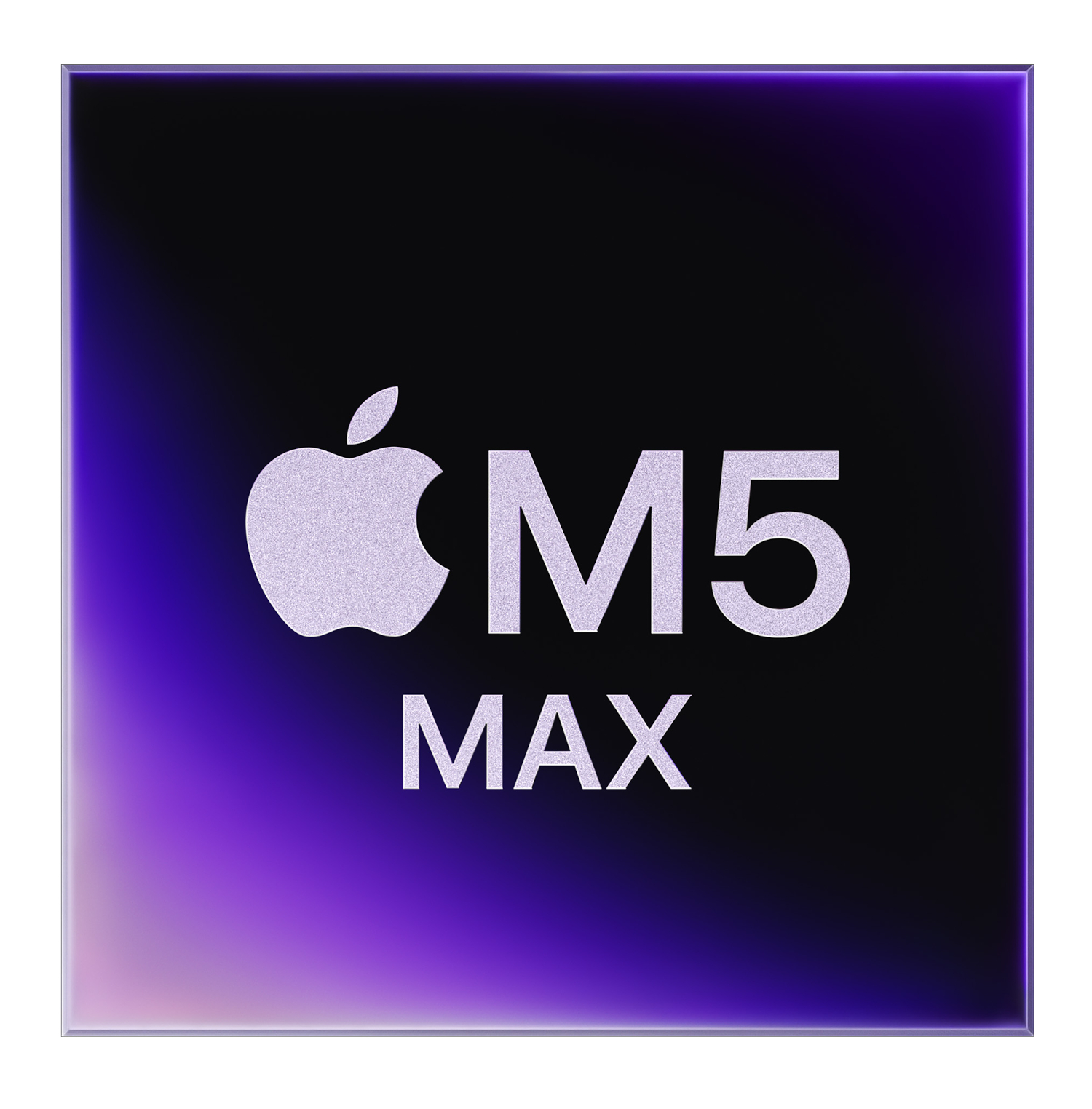 Een gloeiend paars vierkant icoon met Apple-logo en tekst M5 MAX in wit.