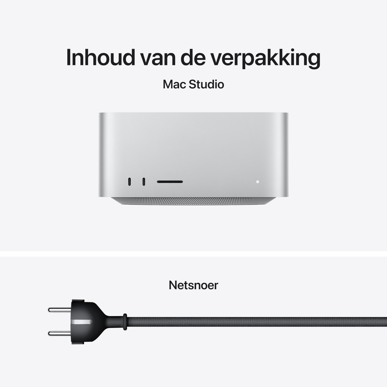 Inhoud van de verpakking met een Mac Studio en een netsnoer.
