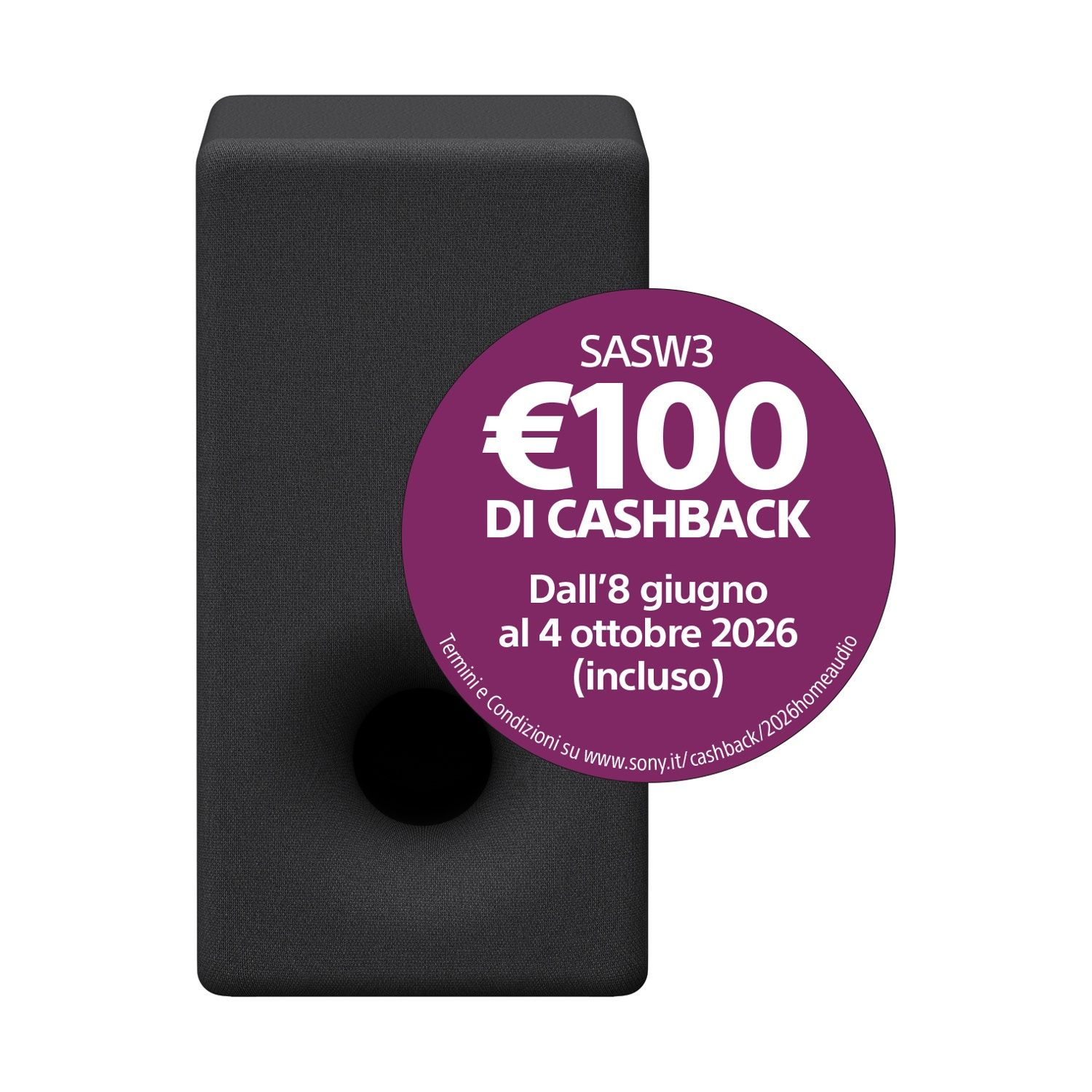 Speaker nero con adesivo viola che annuncia 100 euro di cashback.