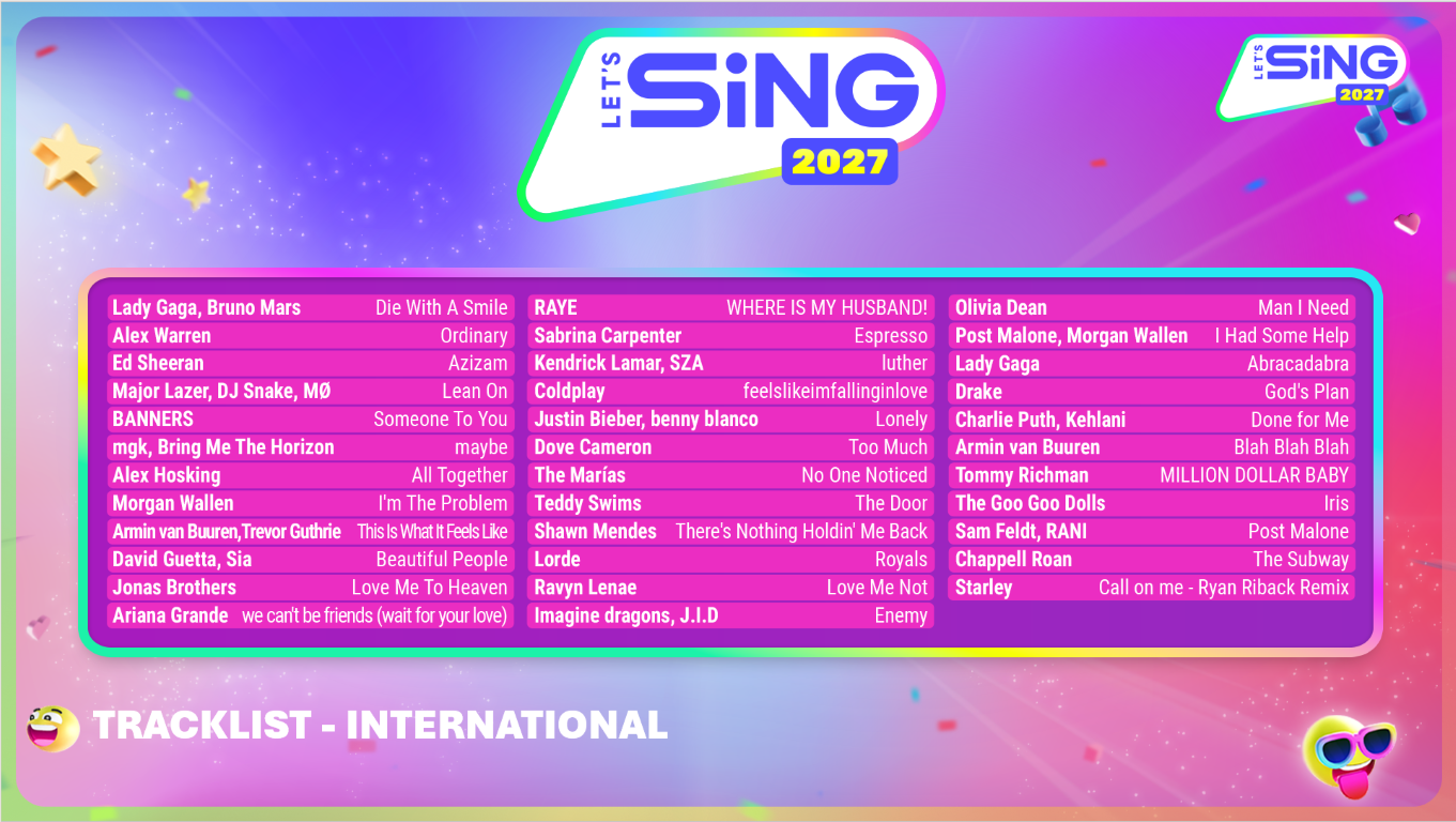 Lista utworów Let's Sing 2027 zawiera piosenki i artystów na fioletowym tle.