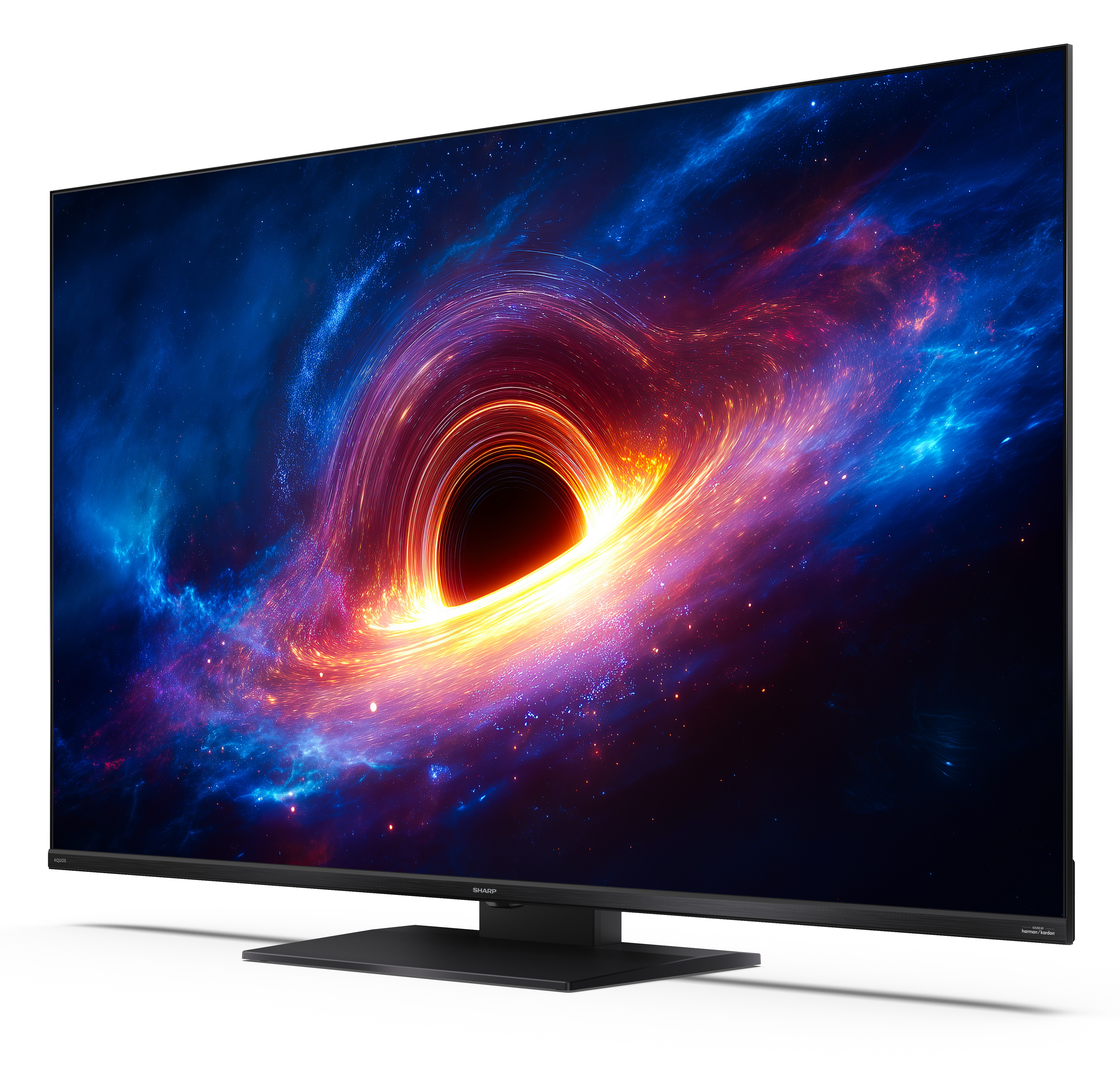 Nowoczesny telewizor w czarnej ramce wyświetla kolorowy obraz kosmicznej galaktyki z czarną dziurą.