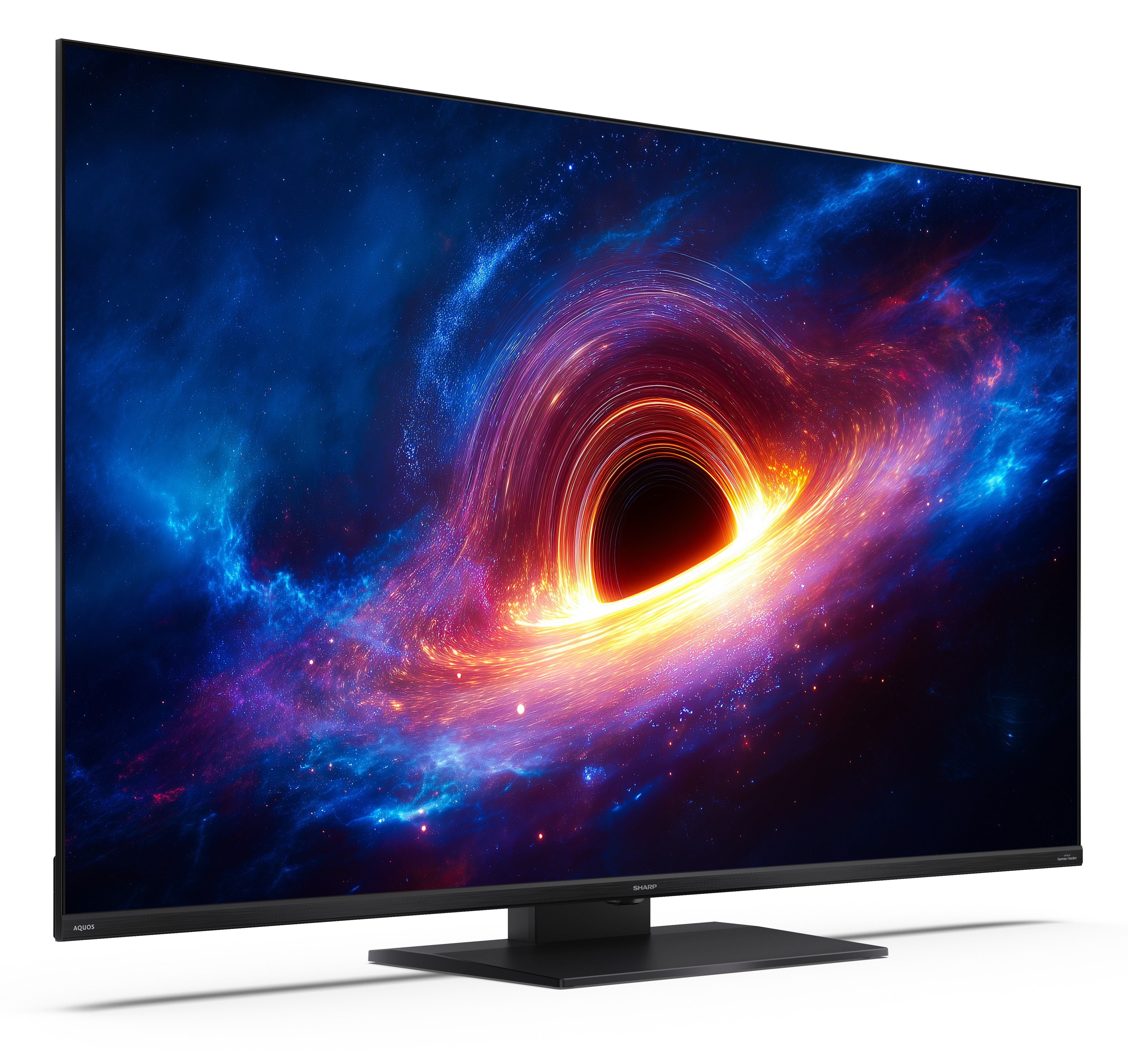 Duży telewizor Sharp na białym tle wyświetla kolorowy obraz kosmiczny z czarną dziurą.
