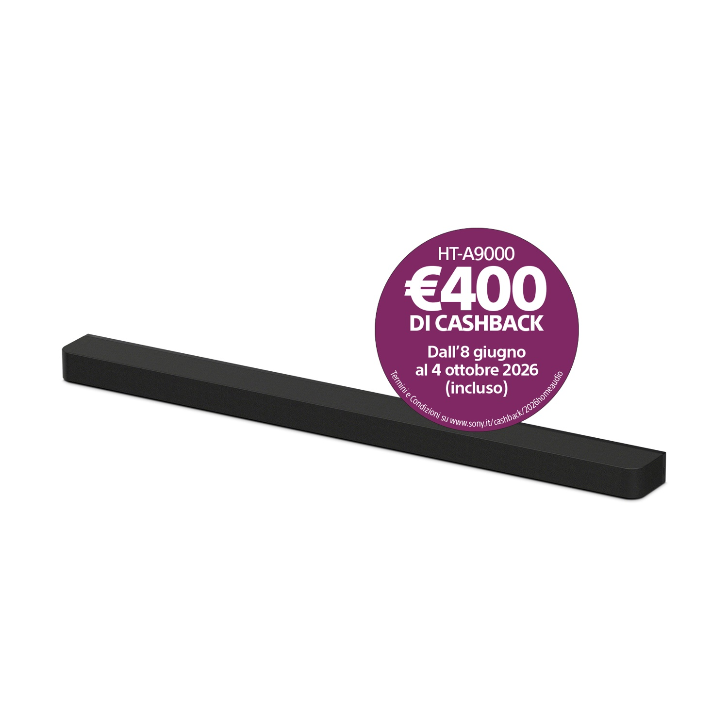 Soundbar nera con un adesivo rotondo viola che pubblicizza 400 € di cashback.