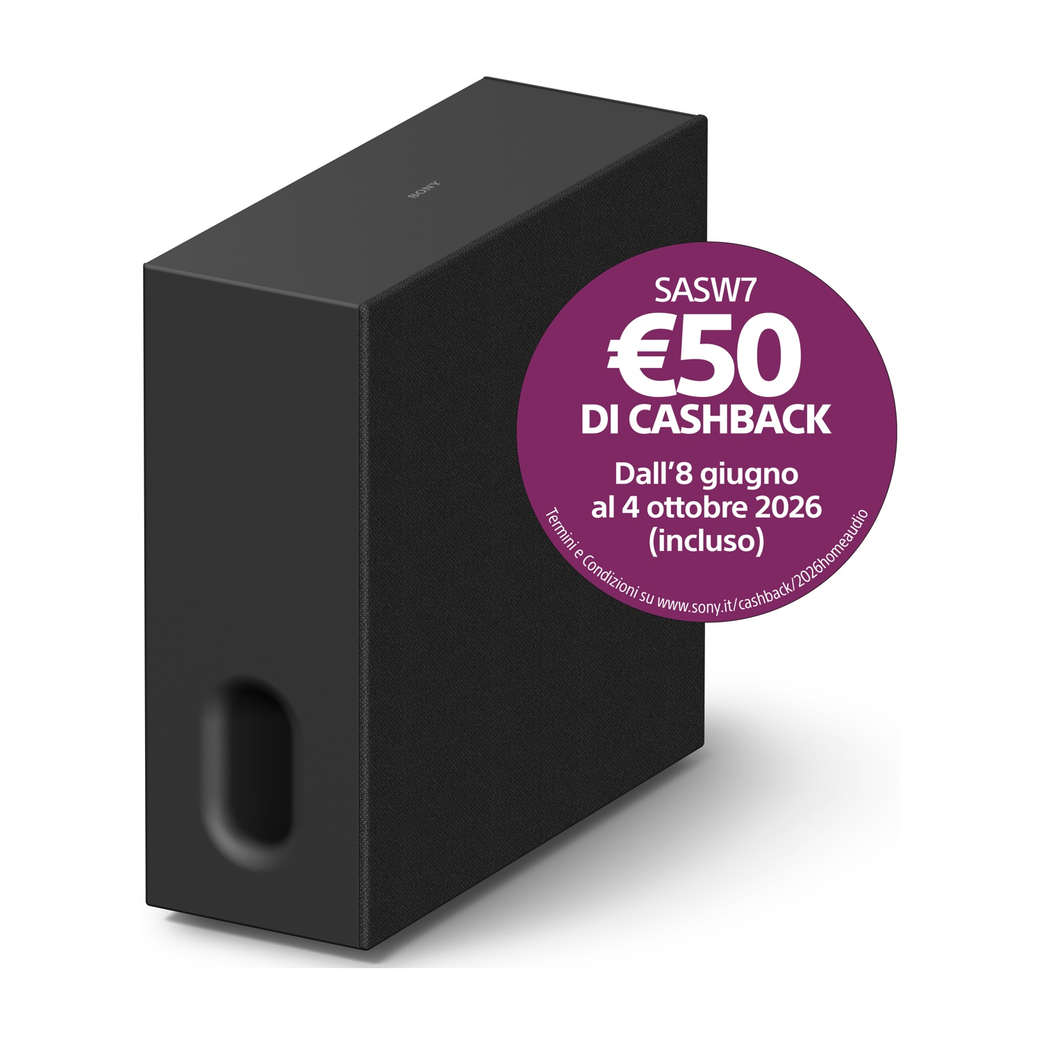 Subwoofer nero Sony con adesivo promozionale rotondo viola di rimborso sul lato destro.