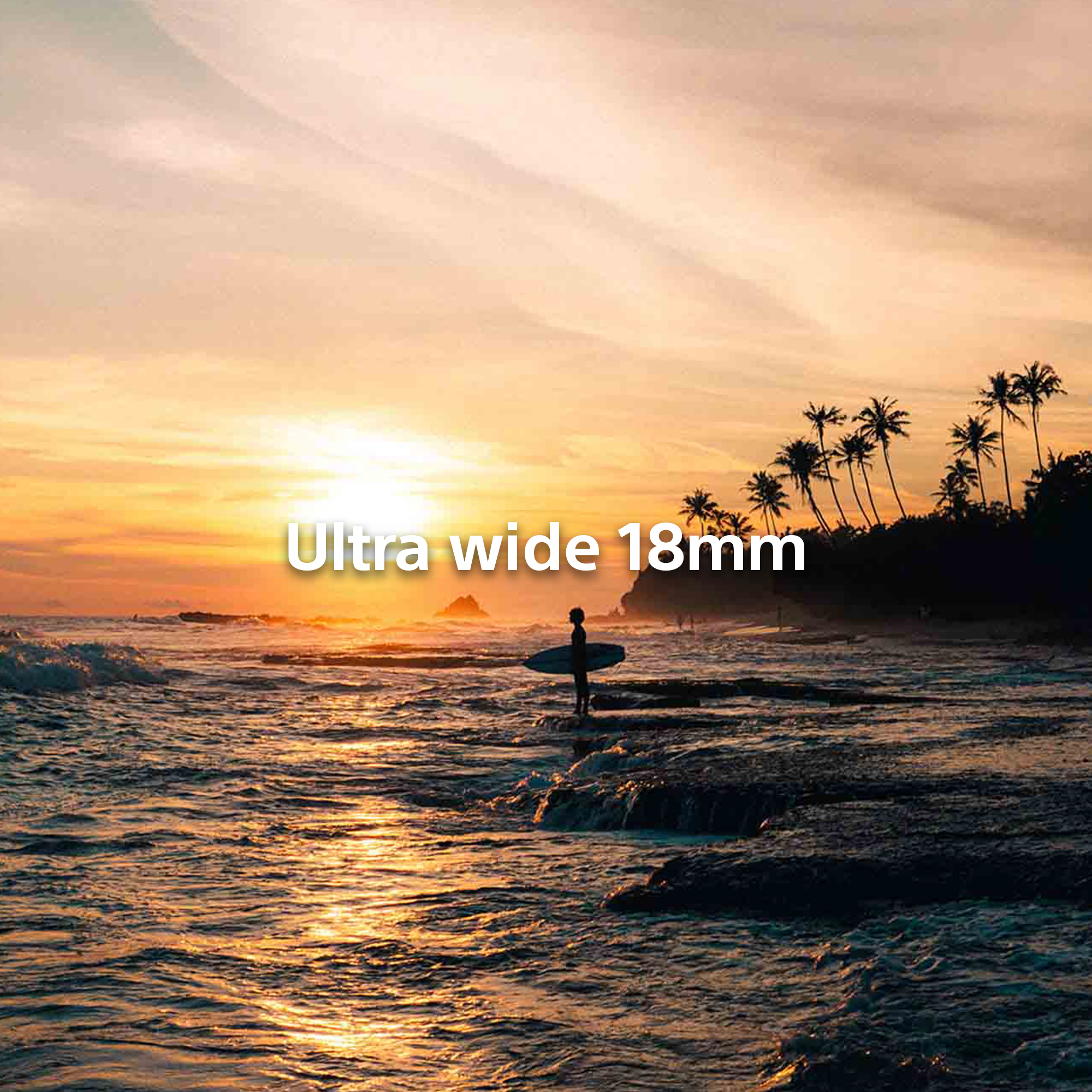Die Silhouette einer Person mit Surfbrett steht bei Sonnenuntergang an einem felsigen Strand mit Palmen.