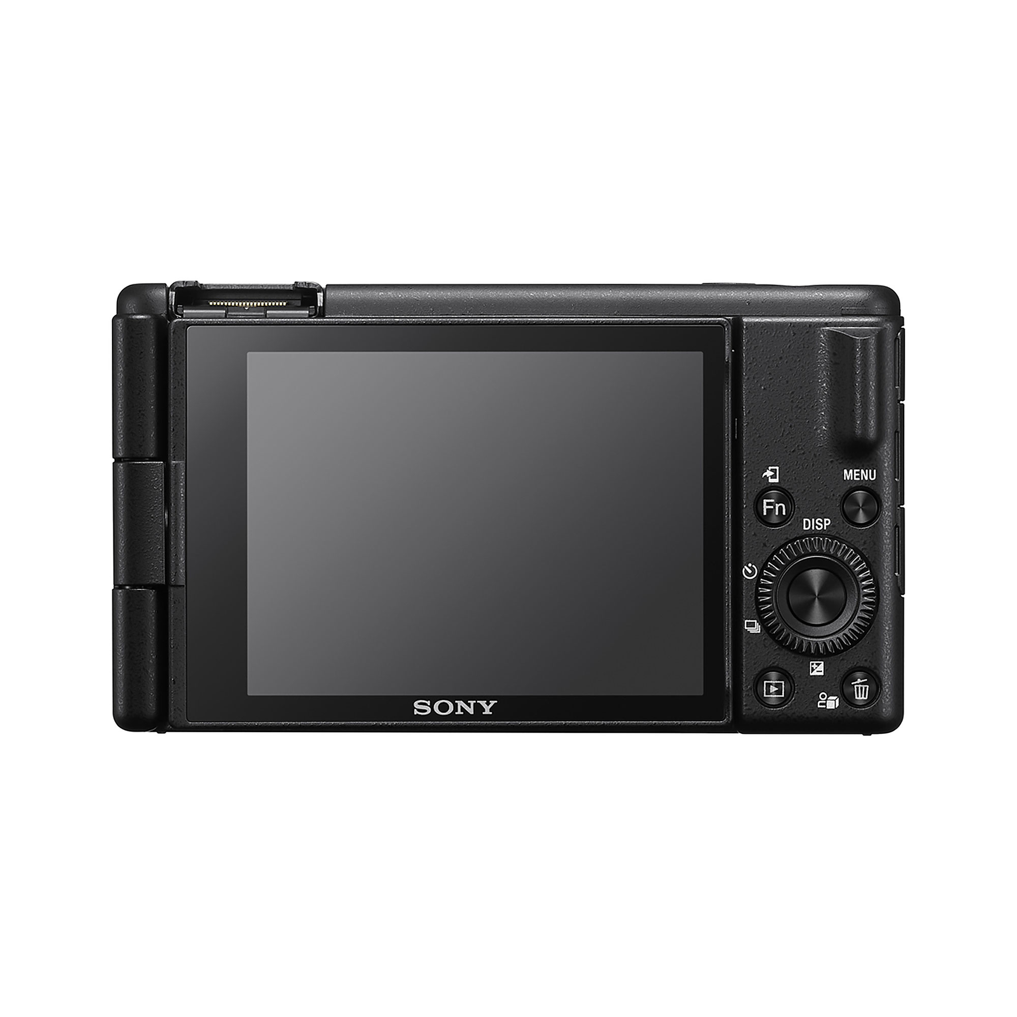 Rückseite einer schwarzen Sony-Kamera mit Bildschirm, Steuerrad und Funktionstasten auf weißem Hintergrund.