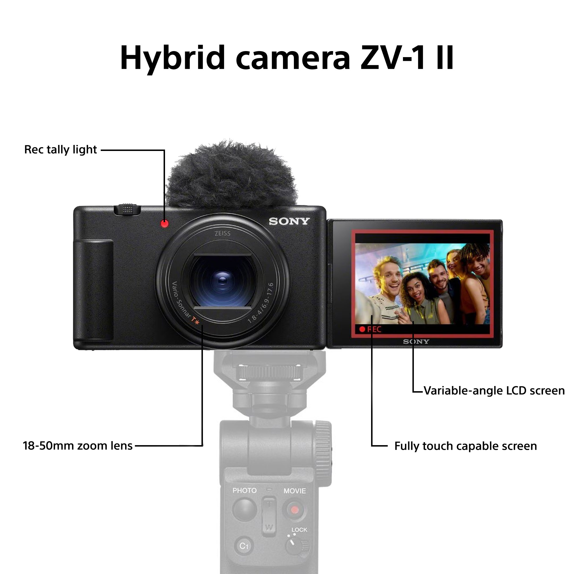 Sony Hybrid-Kamera ZV-1 II auf Stativ mit Objektiv, Mikrofon und Touchscreen.