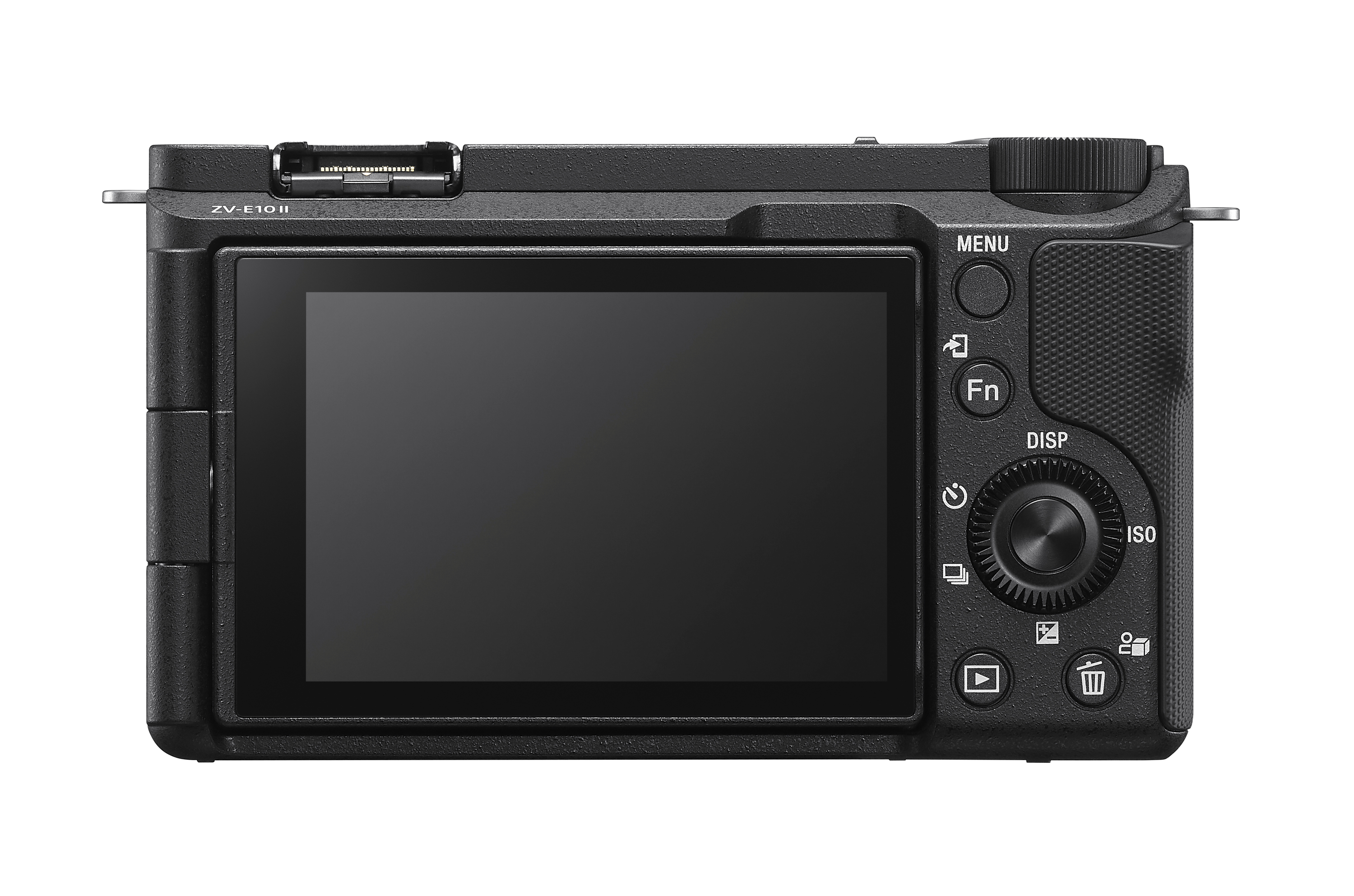 Die Rückseite einer schwarzen Sony ZV-E10 II Systemkamera mit LCD-Bildschirm, Menü- und Funktionstasten.
