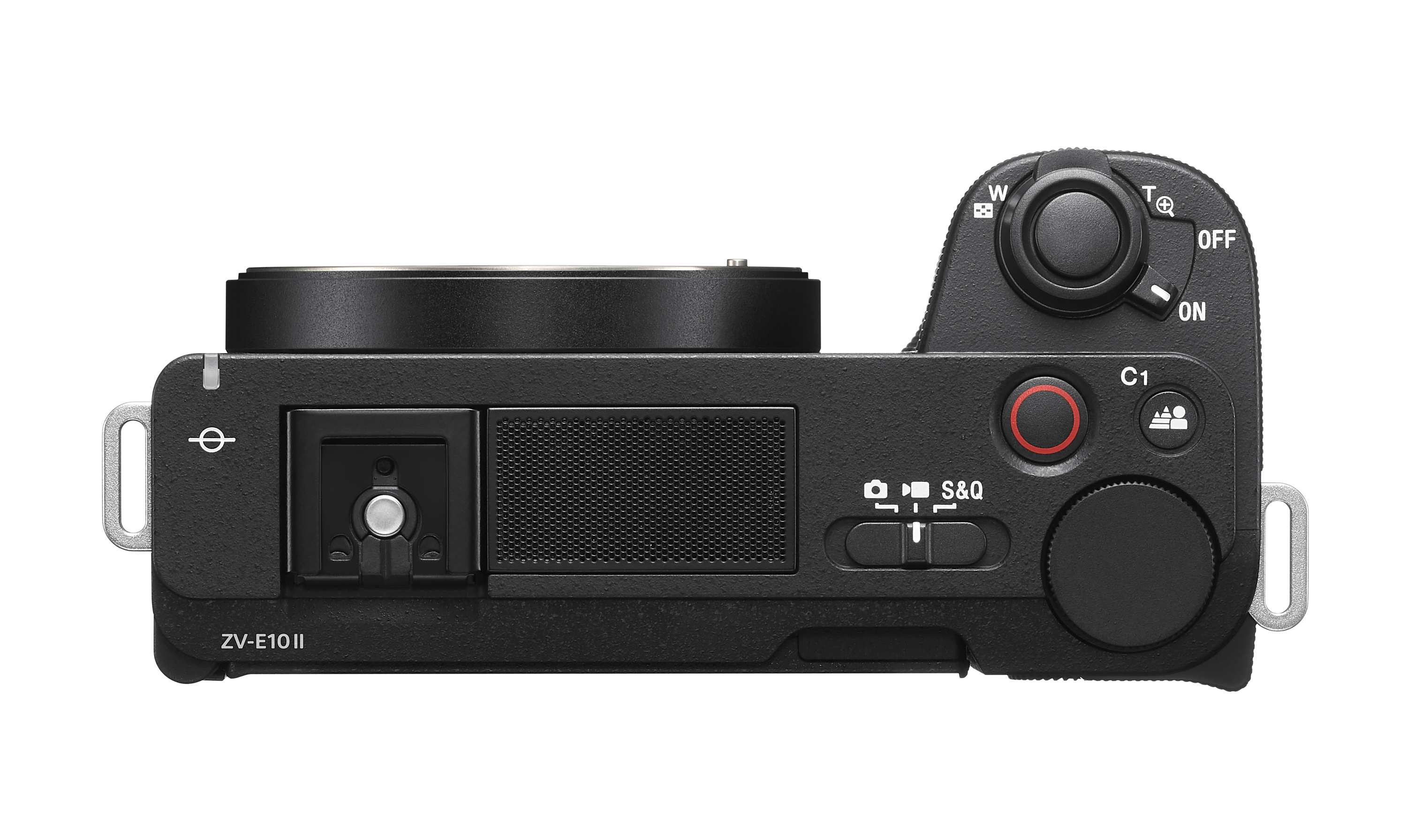 Die Oberseite einer schwarzen Sony ZV-E10 II Systemkamera mit Bedienelementen, Blitzschuh und Auslöser.
