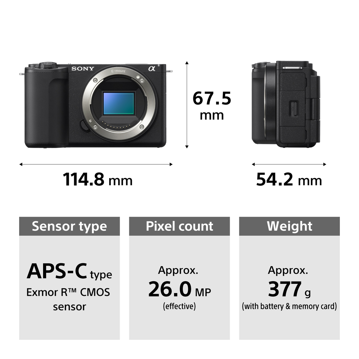 Sony-Kameramaße: 114,8x67,5x54,2 mm, APS-C-Sensor mit 26 MP, Gewicht ca. 377 g.