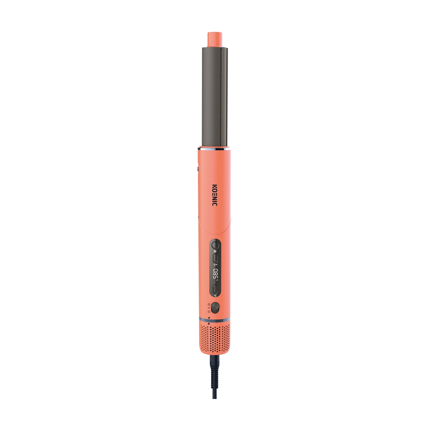 Una piastra per capelli verticale rosso-arancio con display digitale e cavo nero su sfondo bianco.