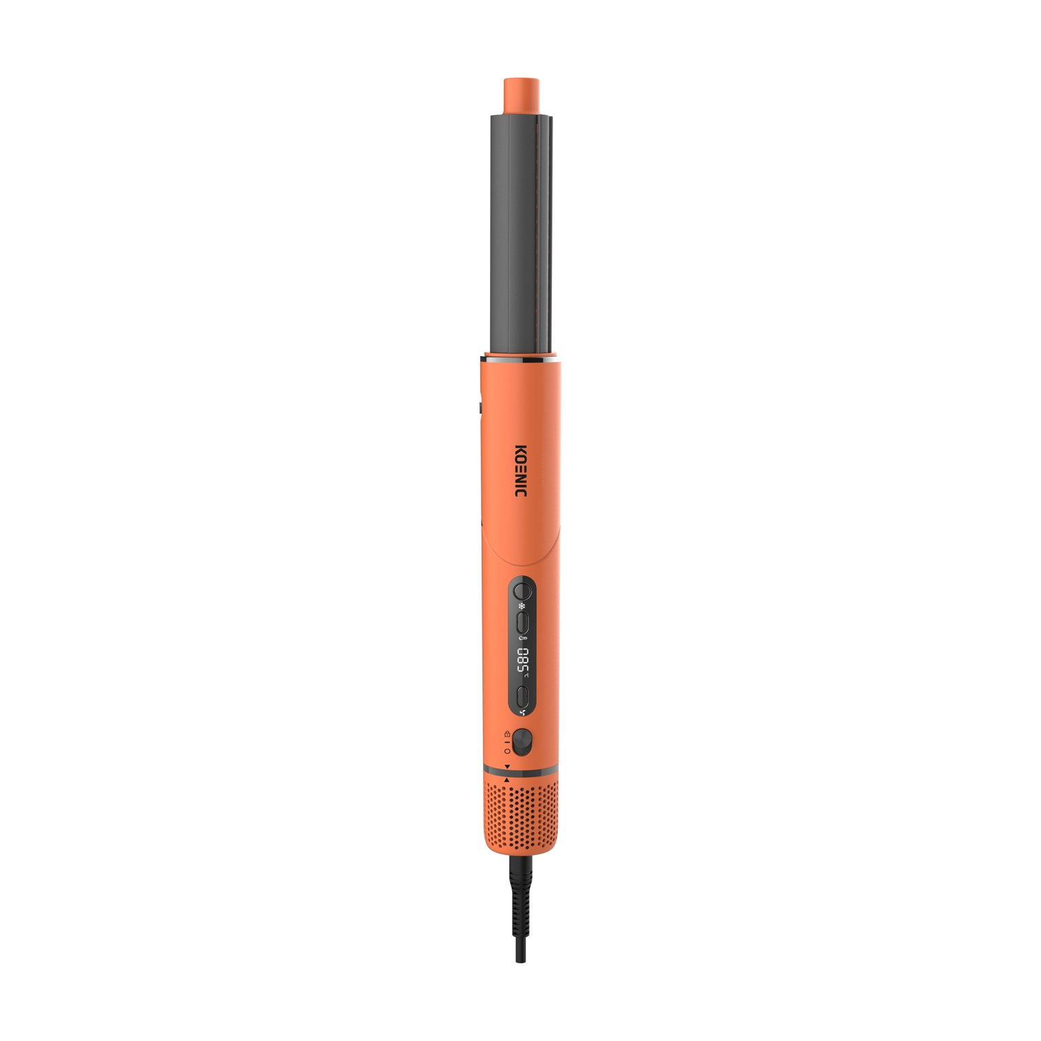 Uno styler per capelli arancione e nero con display digitale e cavo su sfondo bianco.