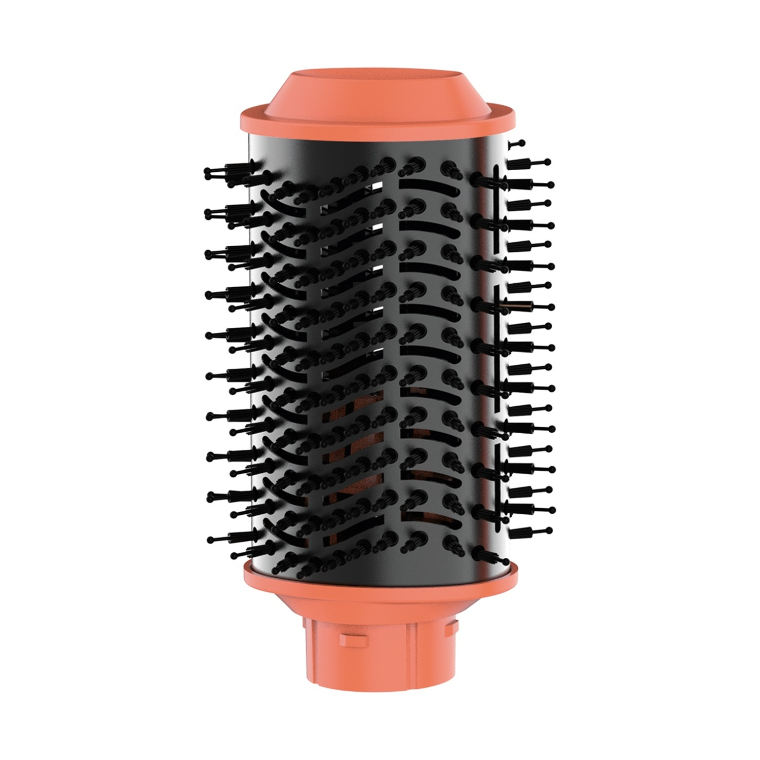Un accessorio per spazzola per capelli cilindrico arancione e nero con più file di setole nere.