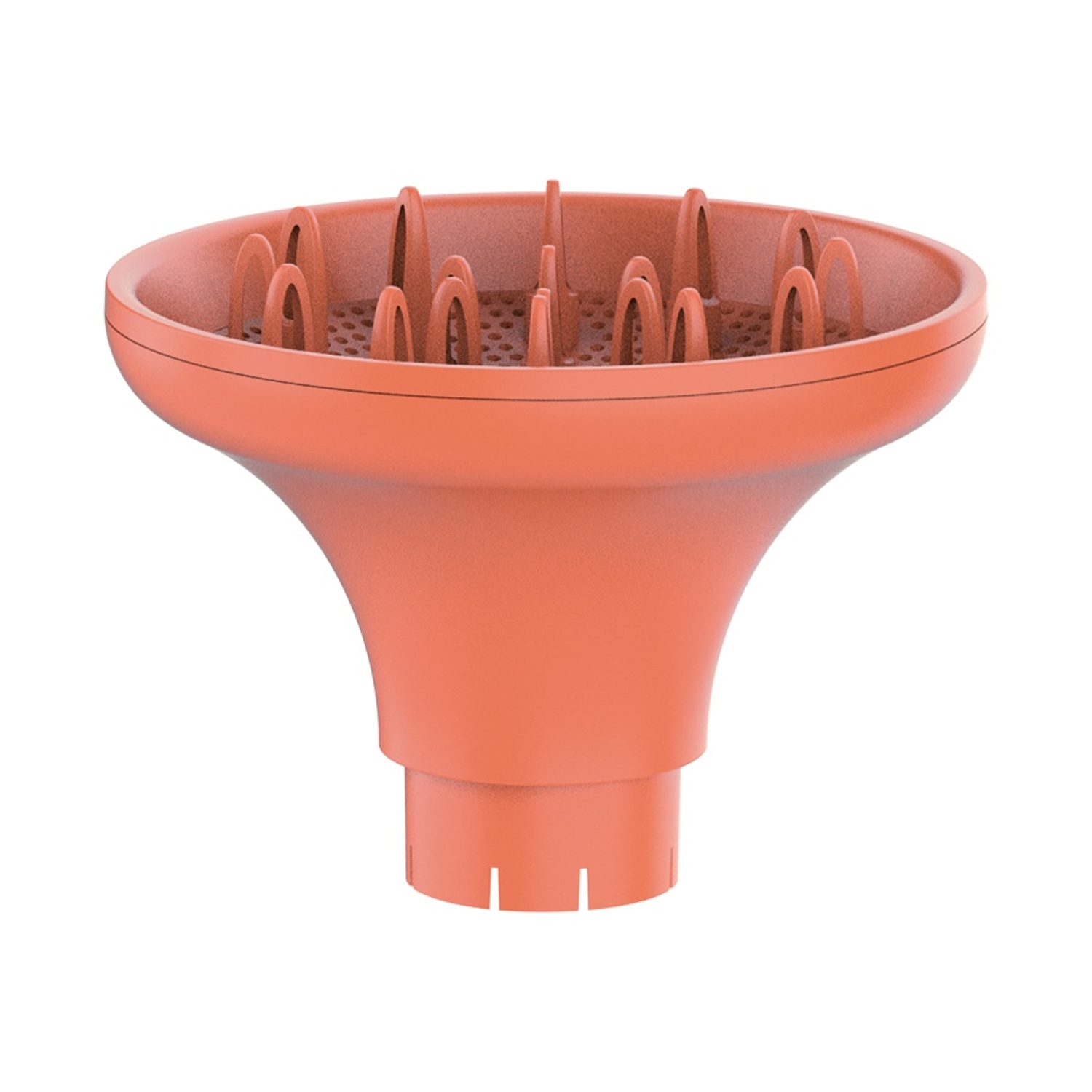 Un diffusore per asciugacapelli color terracotta con punte interne e base perforata su sfondo bianco.