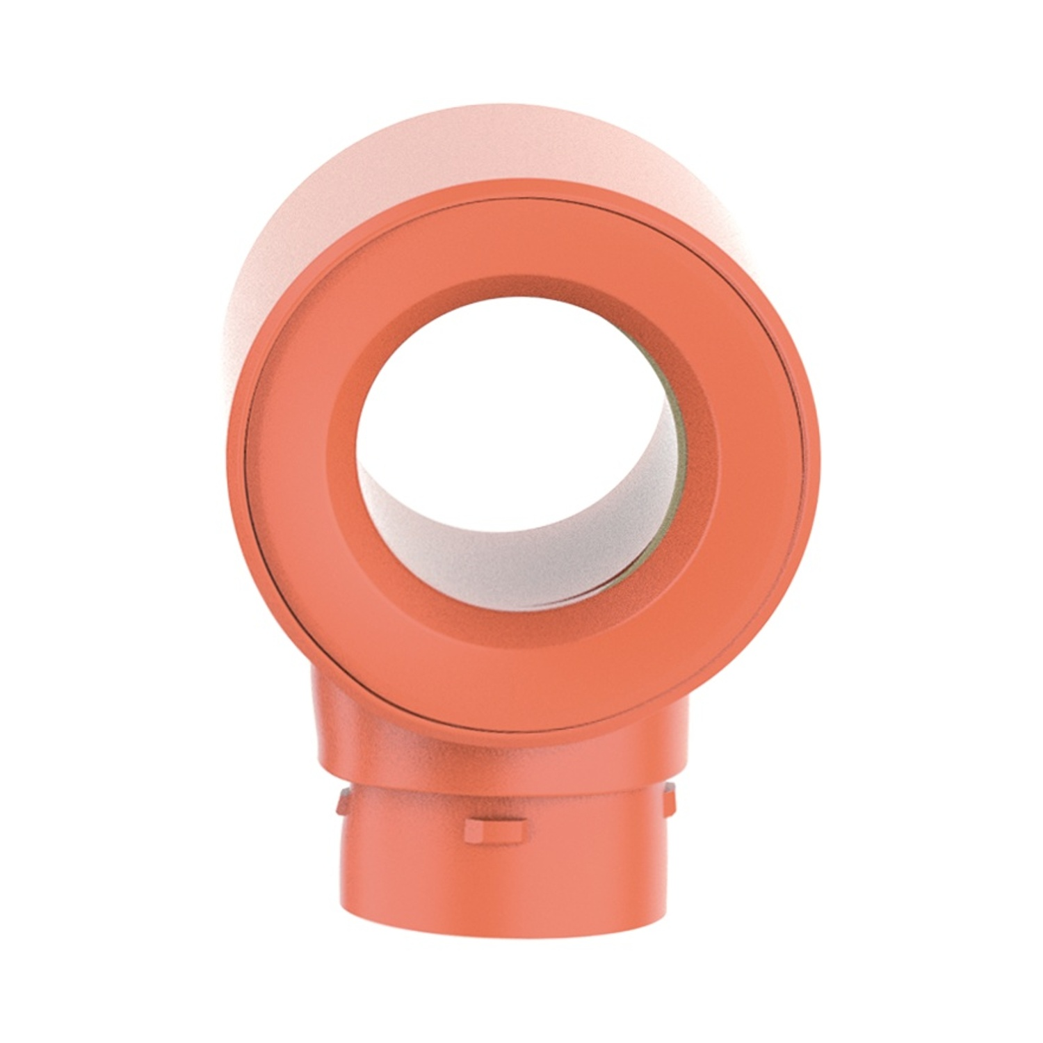 Un raccordo a T in plastica arancione con un'apertura circolare centrale su sfondo bianco.
