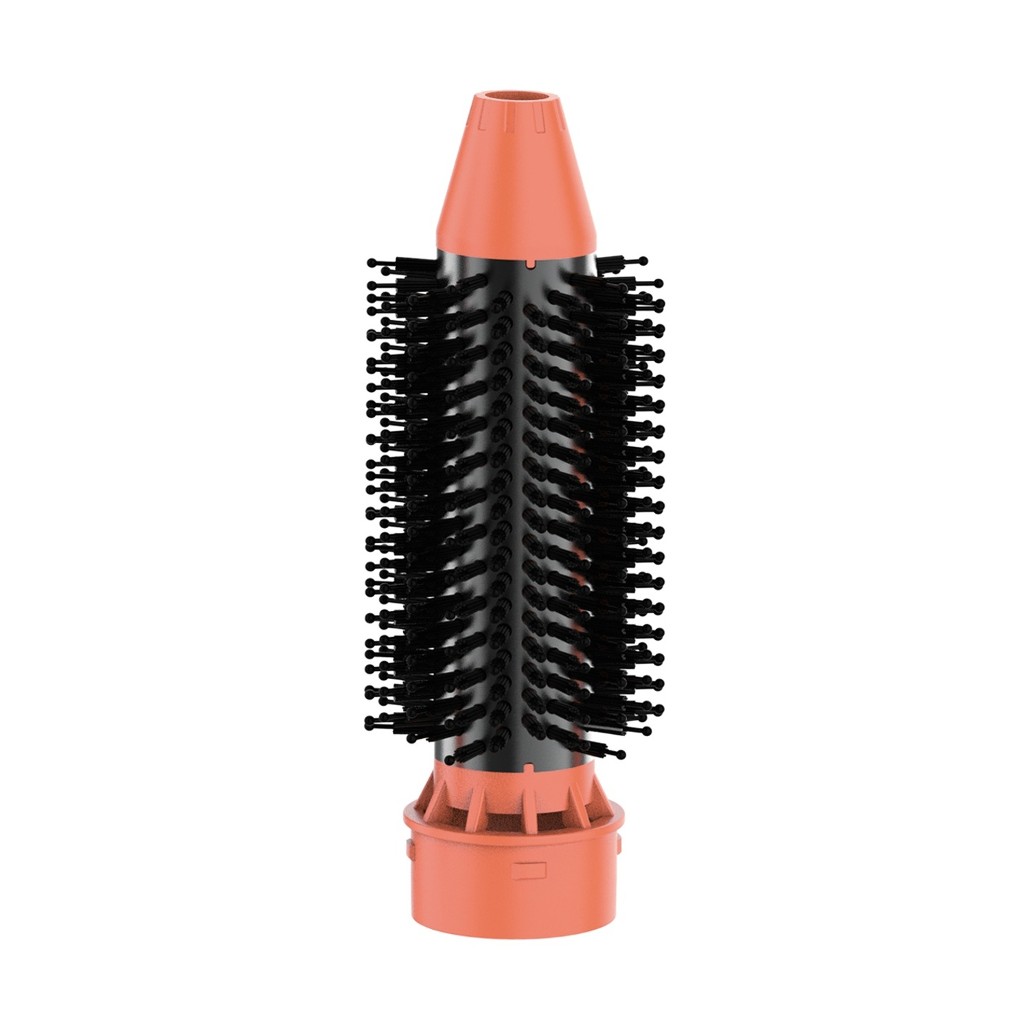 Un accessorio per spazzola modellante corallo e nero con setole fini su fondo bianco.