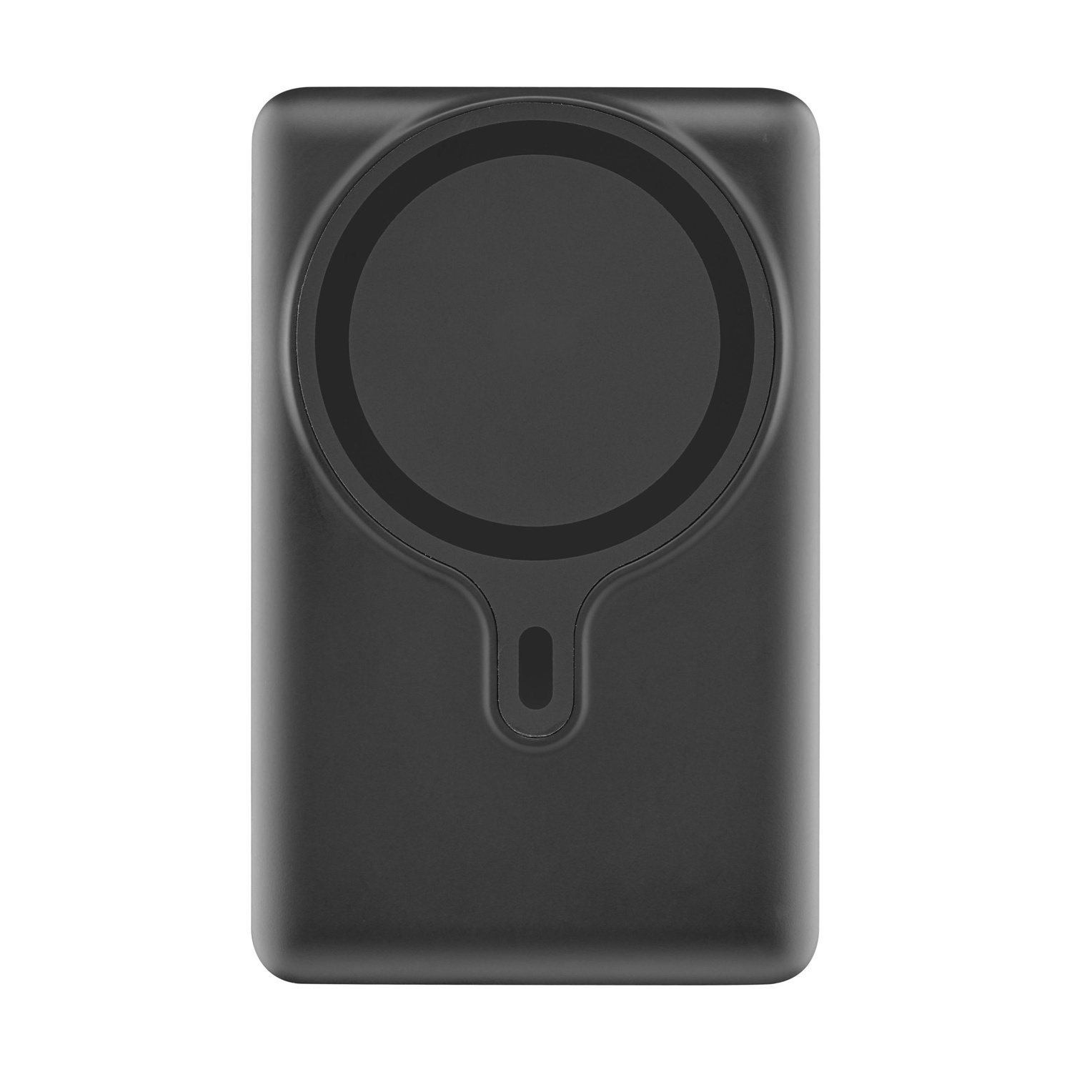 Power bank nera con cerchio magnetico rotondo e indicatore di carica su sfondo bianco.