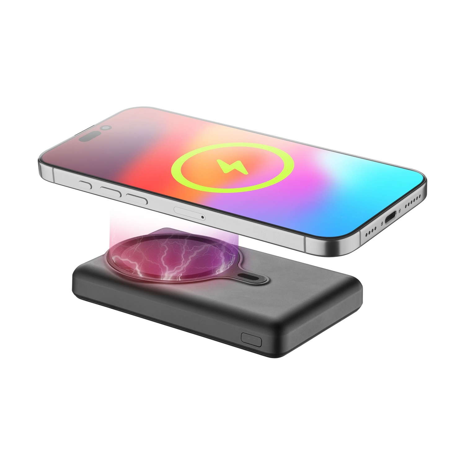 Uno smartphone si ricarica in modalità wireless su una power bank con effetti elettrici.