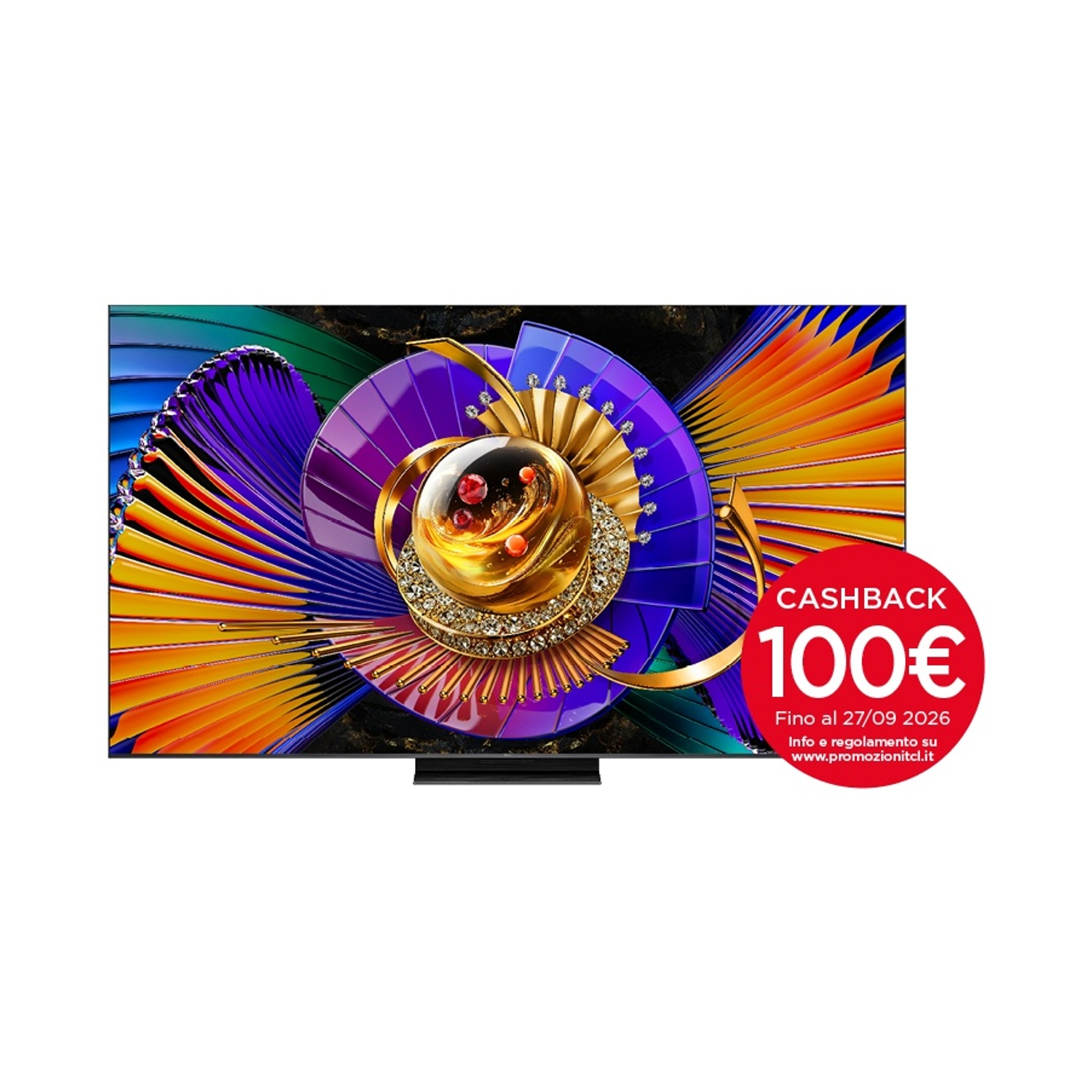 Una TV a schermo piatto mostra un design astratto con una sfera dorata e un bollino rosso promozionale di rimborso.