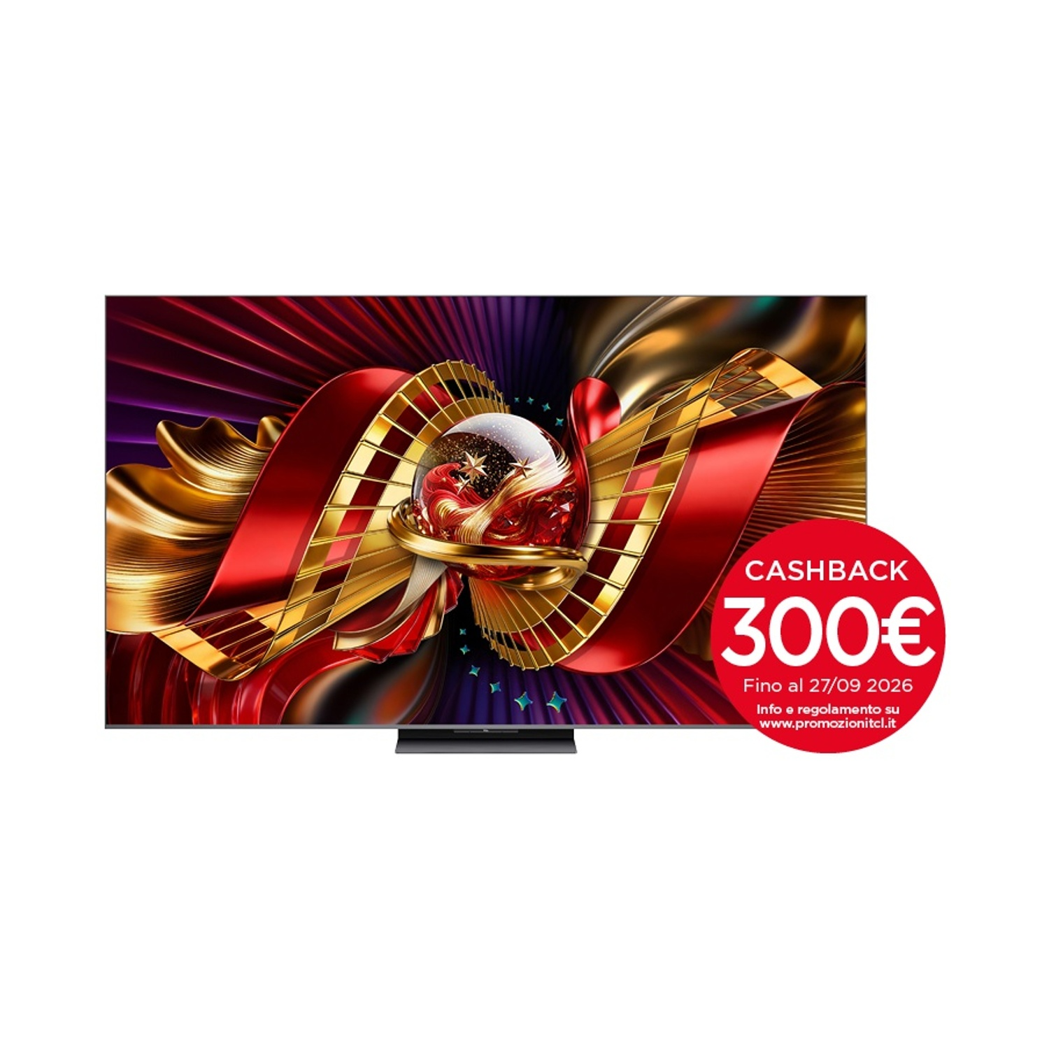 Una TV con un design astratto rosso e oro sullo schermo e un bollino rosso di rimborso di 300 euro.
