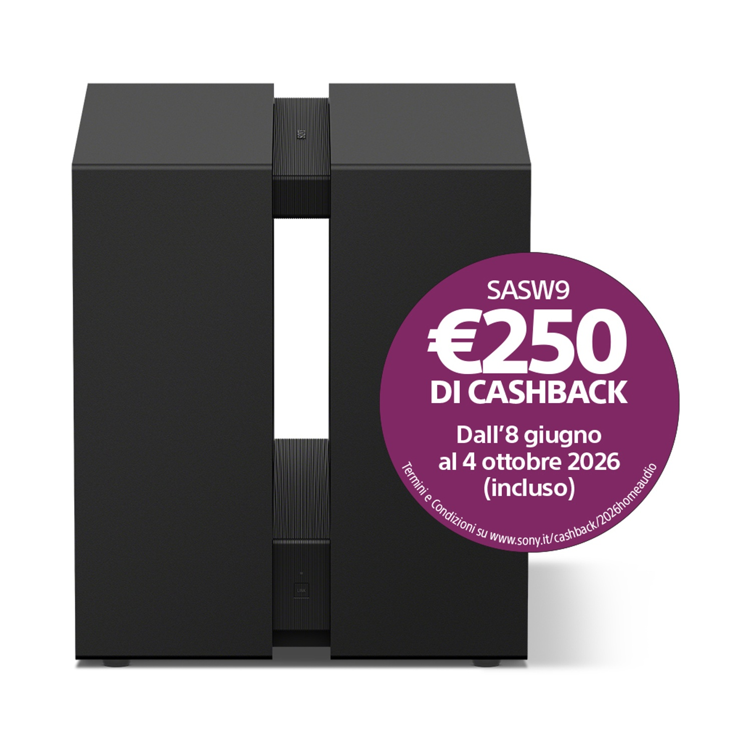Un subwoofer Sony nero con adesivo promozionale viola che offre 250 euro di rimborso fino a ottobre 2026.