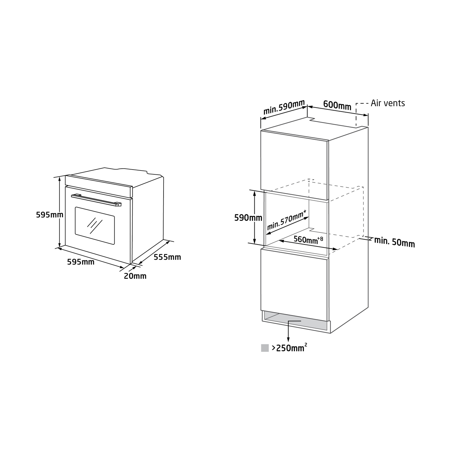 Il diagramma mostra le dimensioni di installazione per un forno.