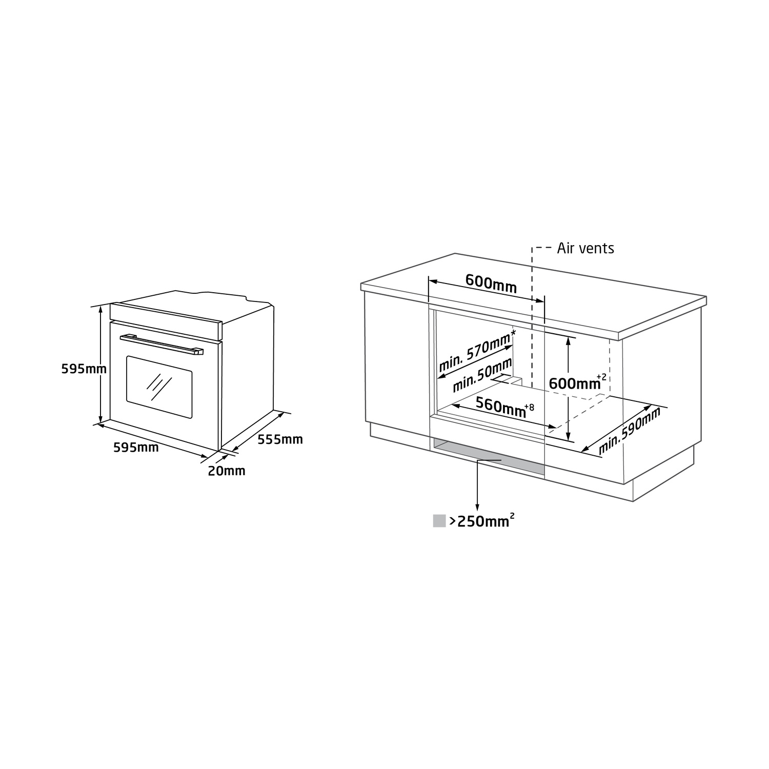 Disegno tecnico con le dimensioni per l'installazione di un forno in un mobile base da cucina.