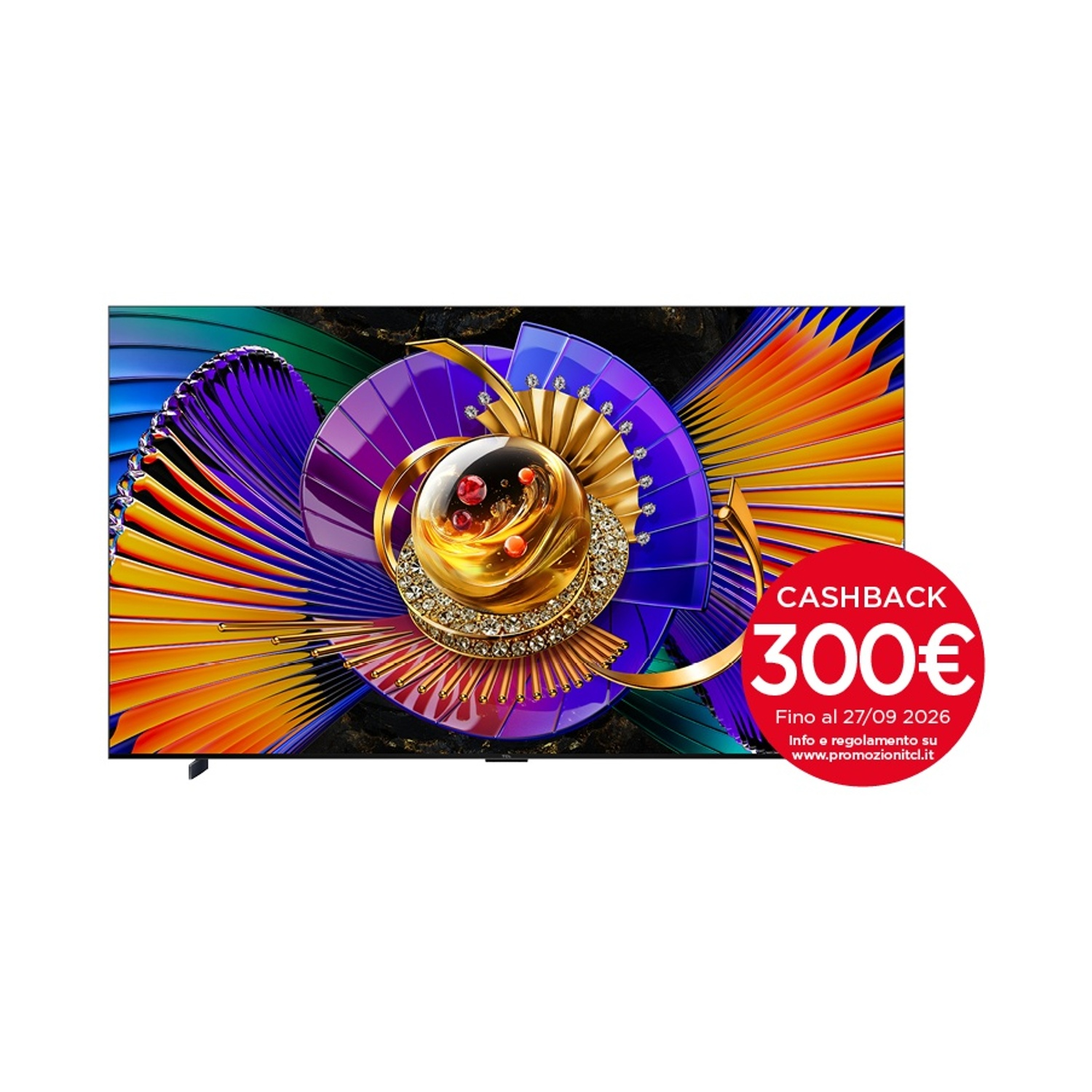 TV con display astratto colorato e adesivo rosso di rimborso di 300€.