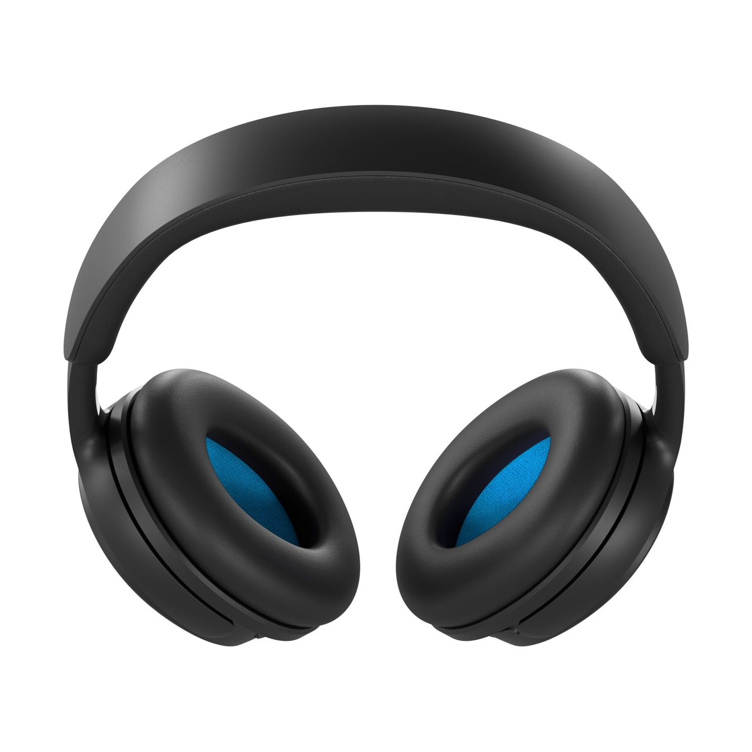 Cuffie over-ear nere con cuscinetti interni blu su sfondo bianco.