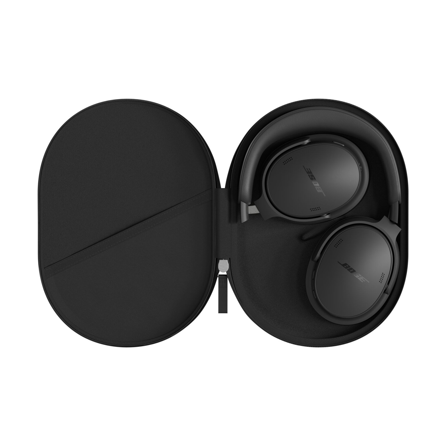 Cuffie wireless nere ripiegate ordinatamente in una custodia rigida con cerniera.