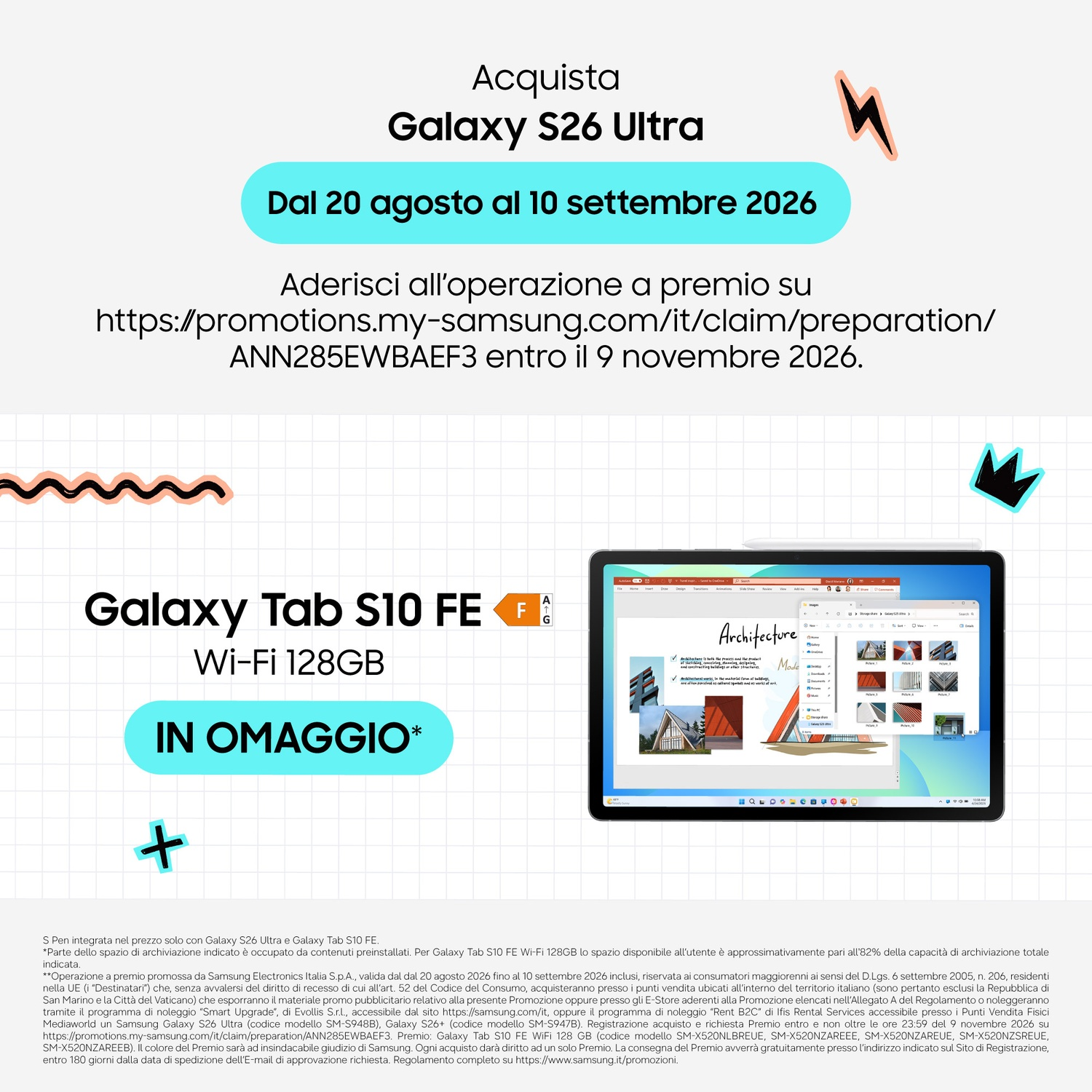 Promo Samsung Galaxy S26 Ultra con Galaxy Tab S10 FE in omaggio su sfondo a quadri.