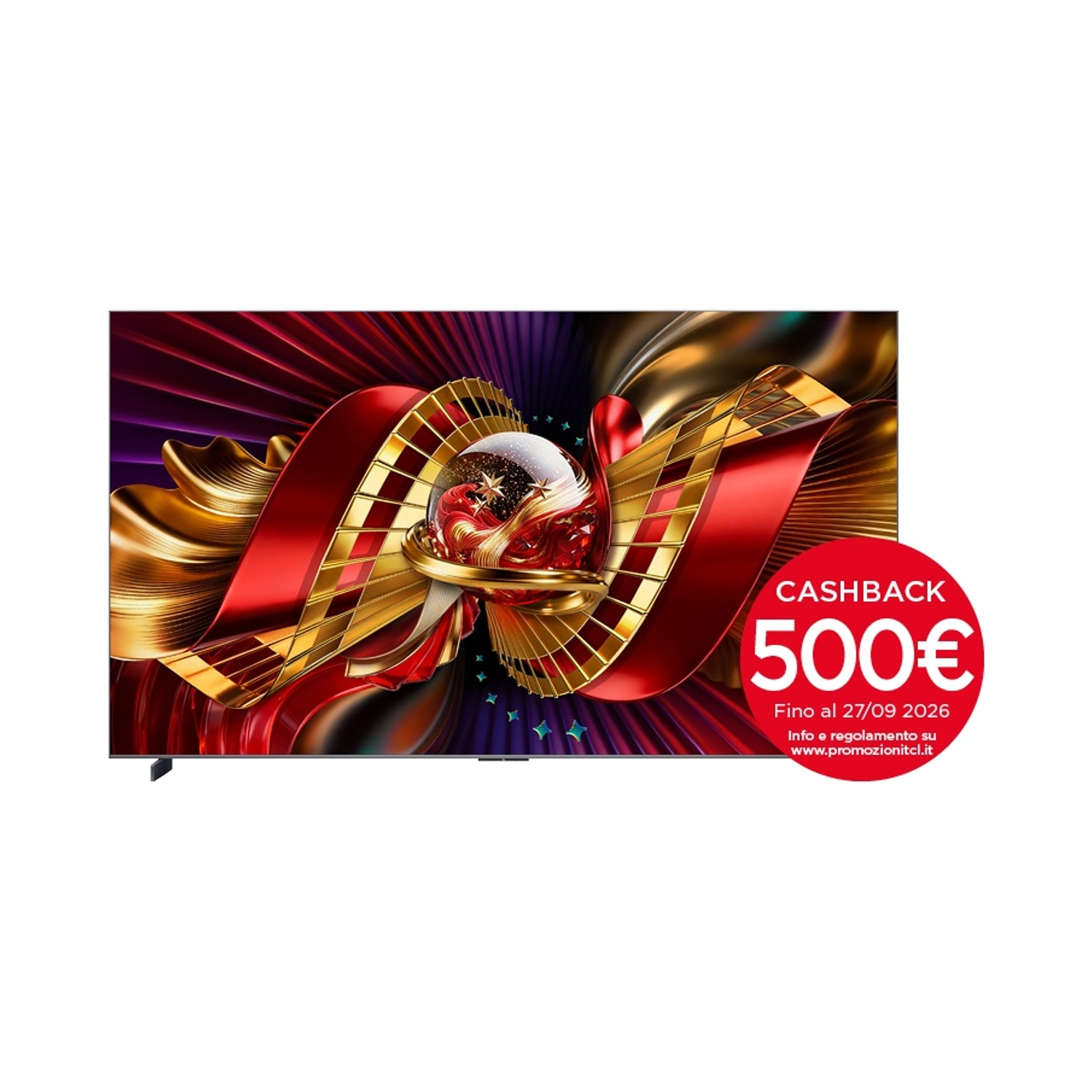 Televisore a schermo piatto con grafica astratta rosso e oro e un adesivo rosso promozionale di rimborso 500€.