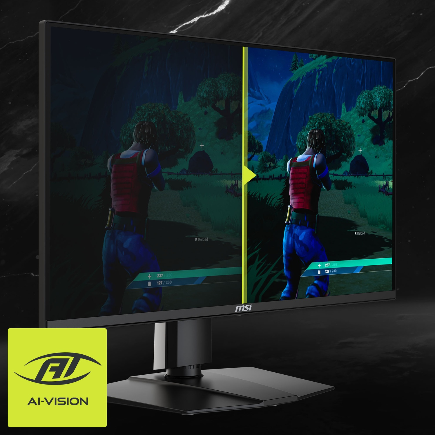 Un monitor MSI confronta una scena di gioco scura con una versione più luminosa migliorata con AI-Vision.