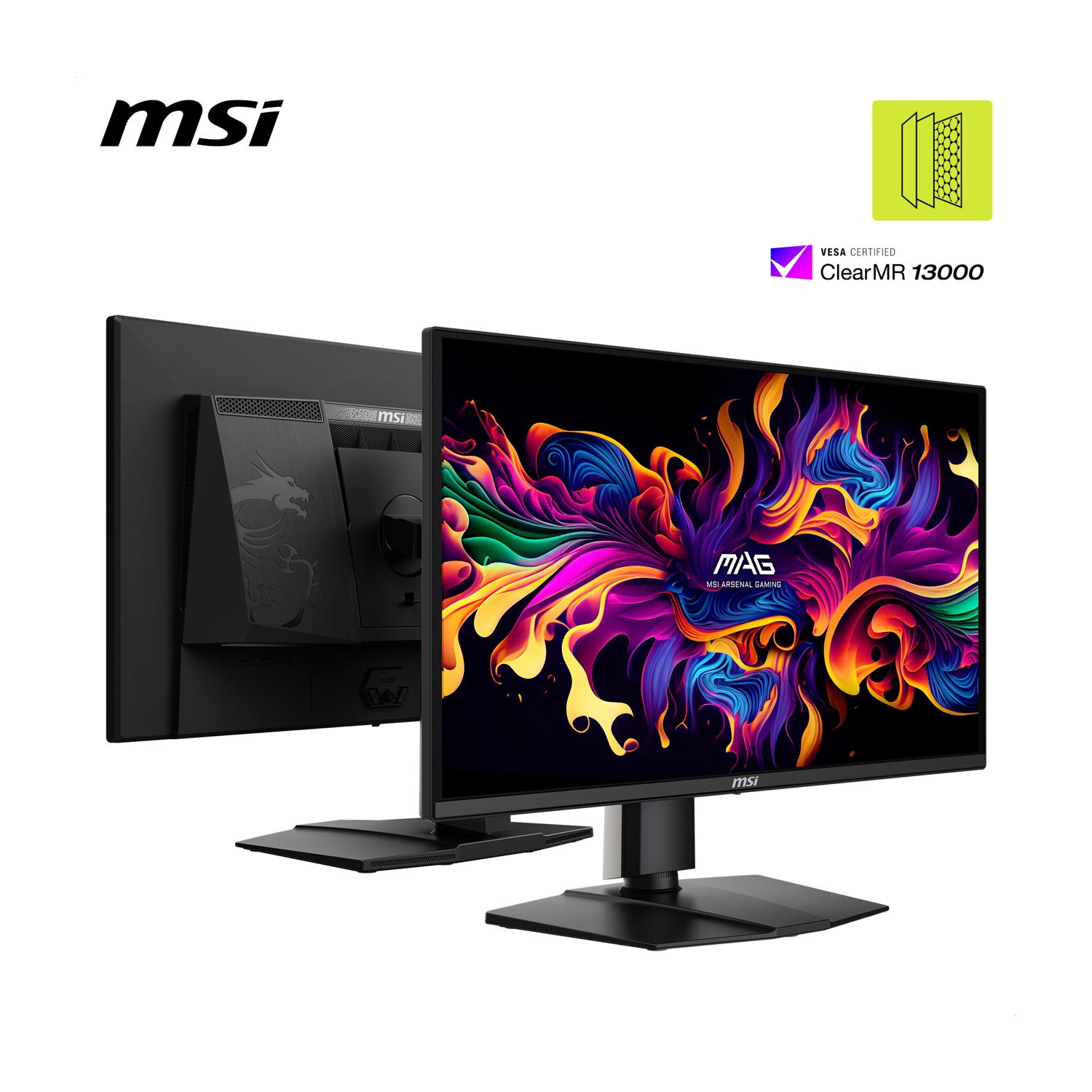 Monitor da gioco MSI MAG visto da davanti e da dietro, con display astratto colorato e logo MSI.