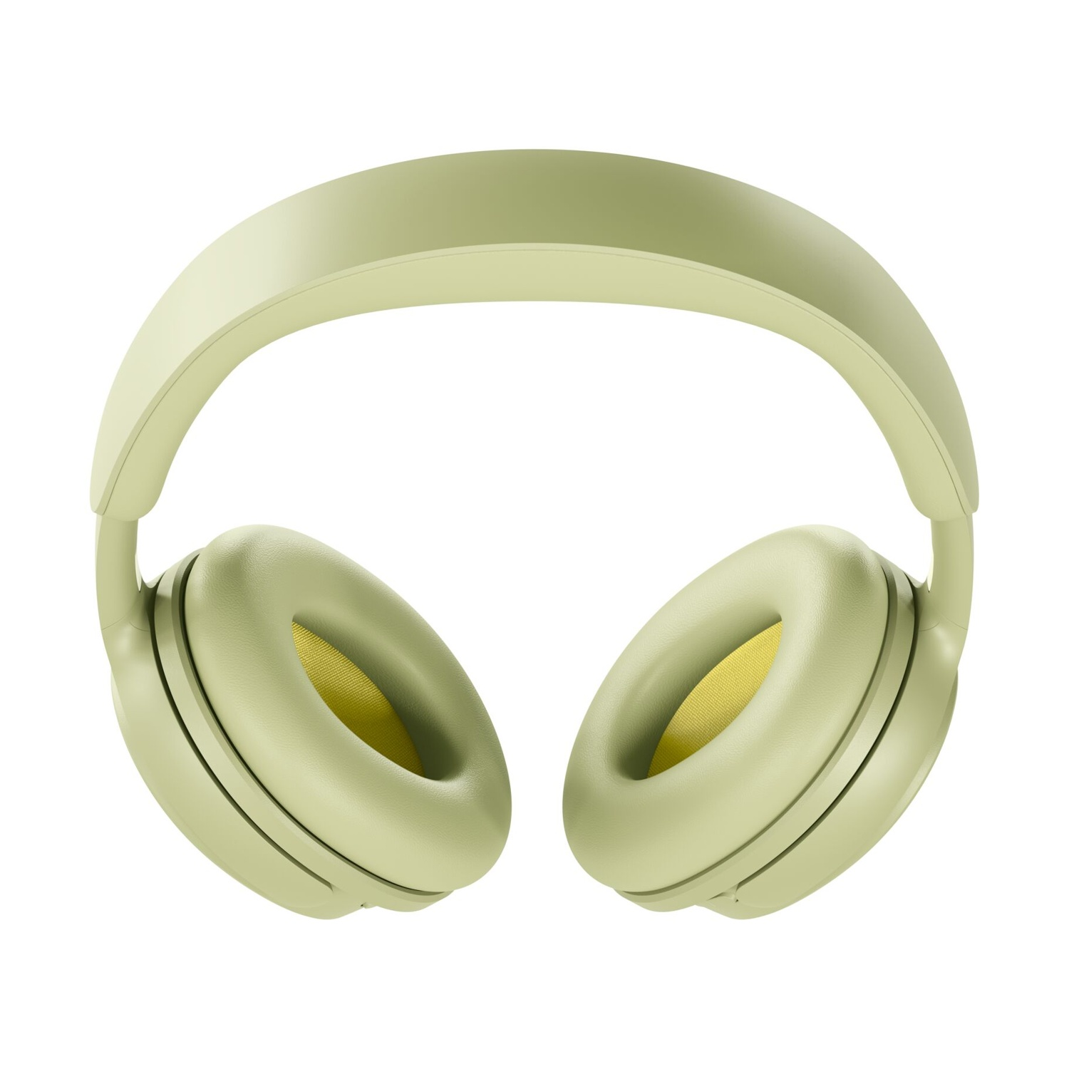 Cuffie over-ear verde chiaro con cuscinetti interni gialli su sfondo bianco.